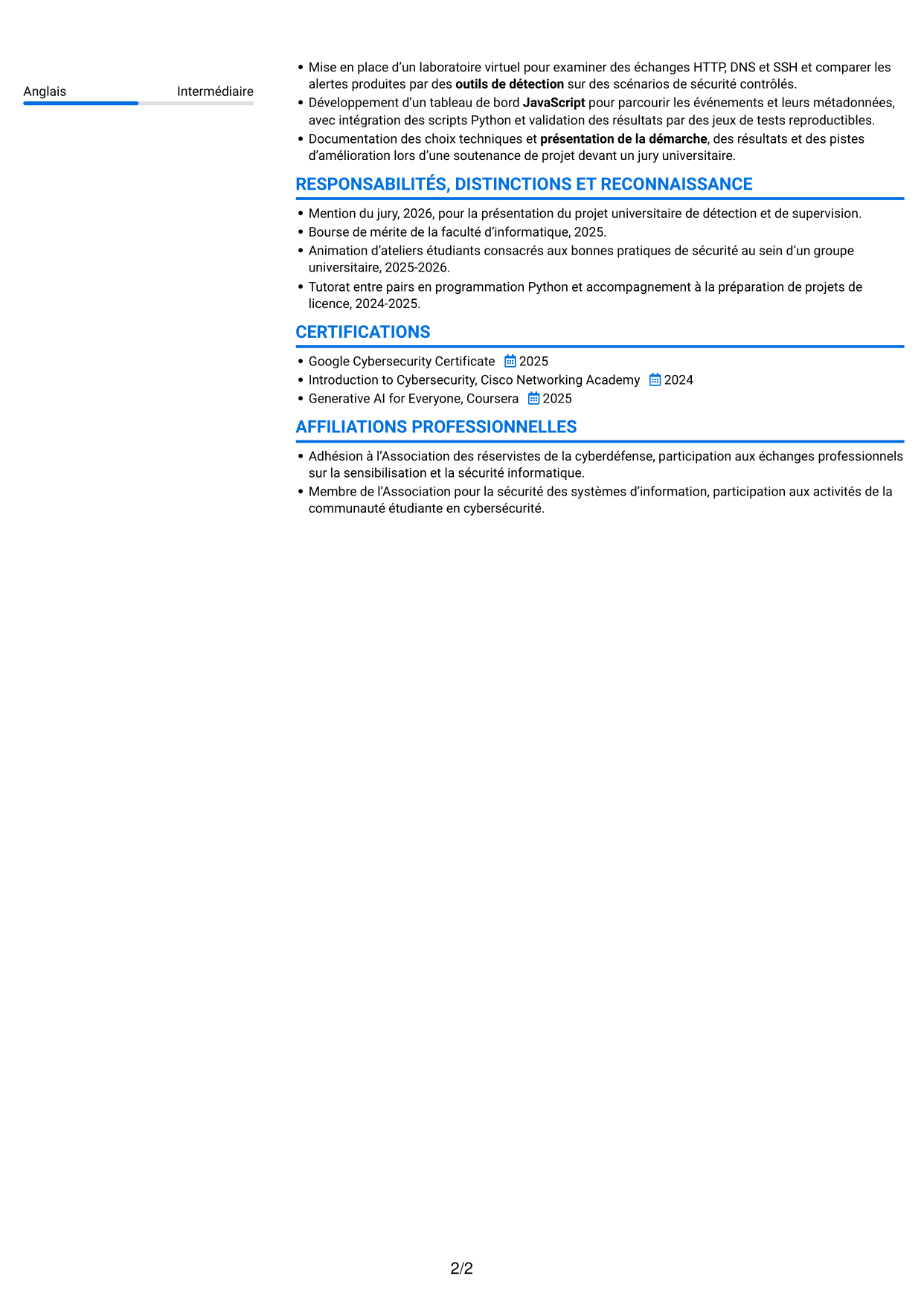 CV Audacieux (format à deux colonnes avec accents colorés et photo) : Ingénieur IA en cybersécurité, page 2