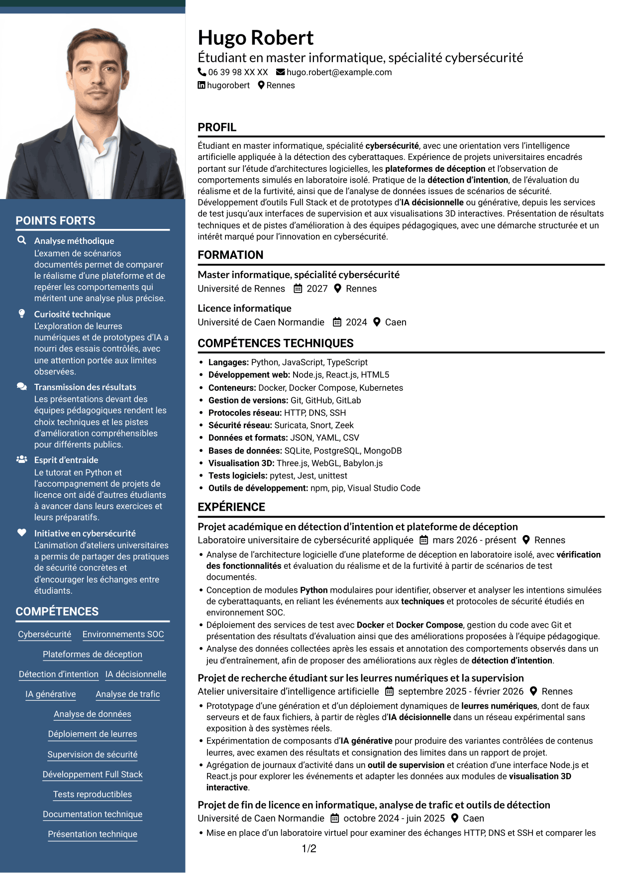 CV Signature (format à colonne latérale colorée avec grande photo) : Ingénieur IA en cybersécurité, page 1