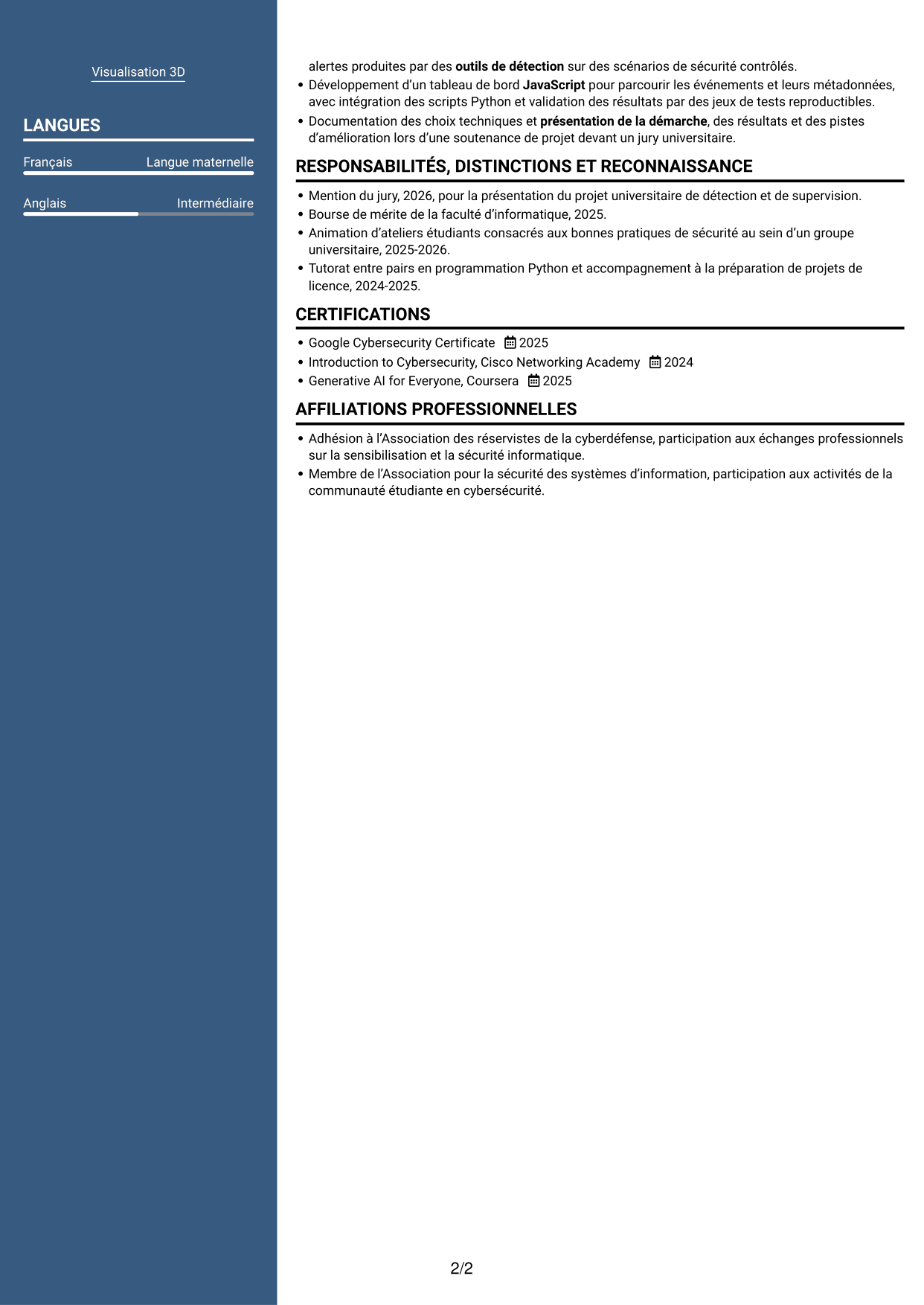 CV Signature (format à colonne latérale colorée avec grande photo) : Ingénieur IA en cybersécurité, page 2