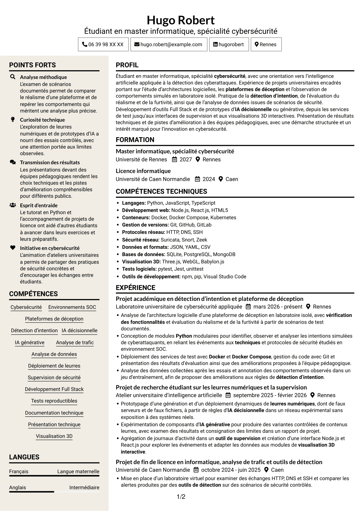 CV Fonceur (format à deux colonnes avec en-tête centré sans photo) : Ingénieur IA en cybersécurité, page 1