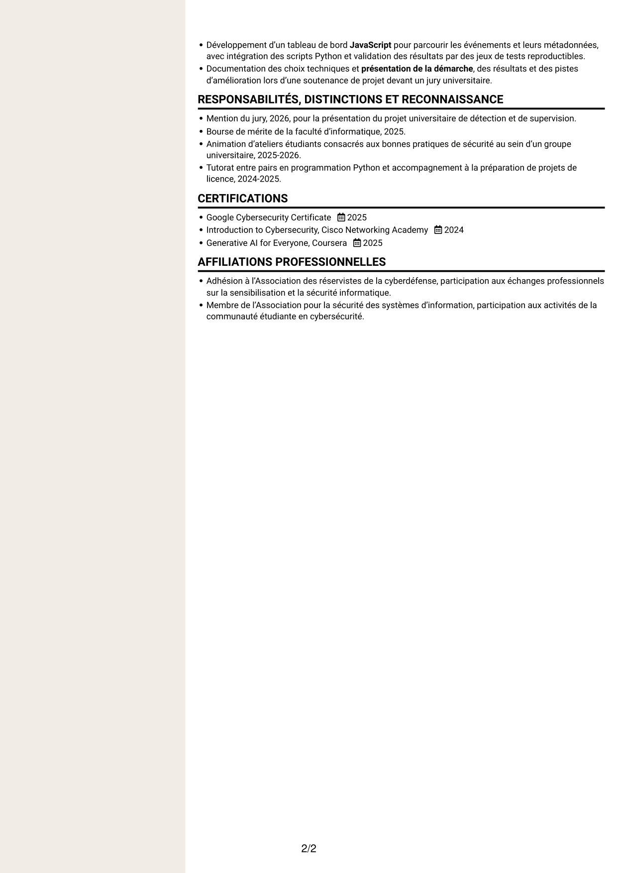 CV Fonceur (format à deux colonnes avec en-tête centré sans photo) : Ingénieur IA en cybersécurité, page 2