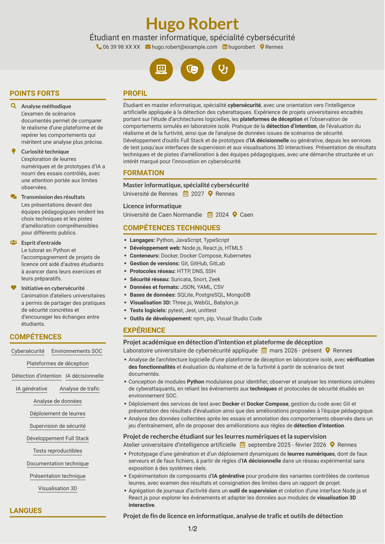 CV Dynamique (format à deux colonnes avec icônes) : Ingénieur IA en cybersécurité, page 1