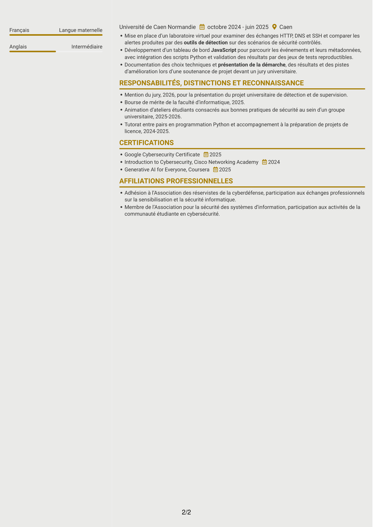 CV Dynamique (format à deux colonnes avec icônes) : Ingénieur IA en cybersécurité, page 2