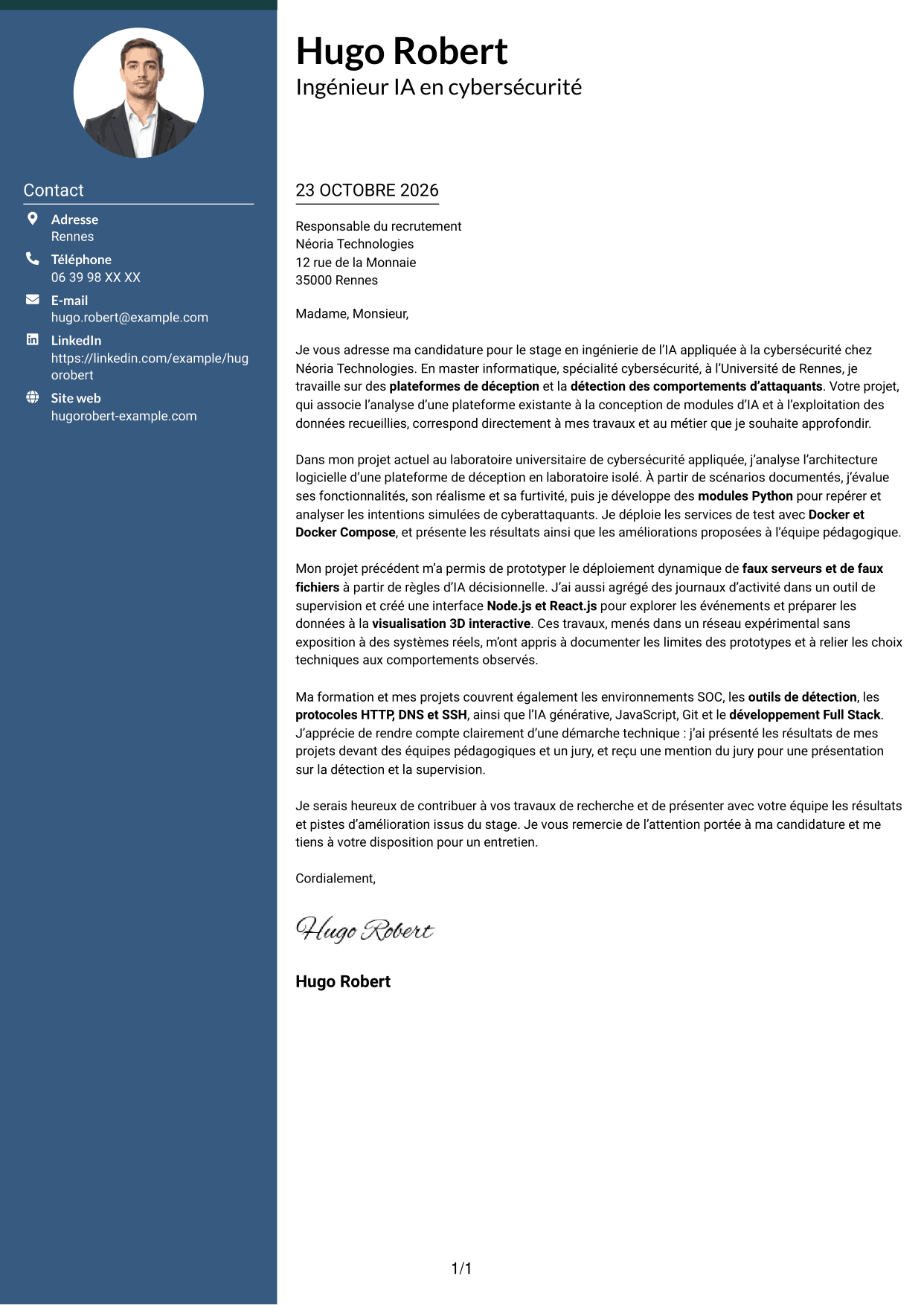 Lettre de motivation Élégant (format à colonne latérale colorée avec photo) : Ingénieur IA en cybersécurité, page 1