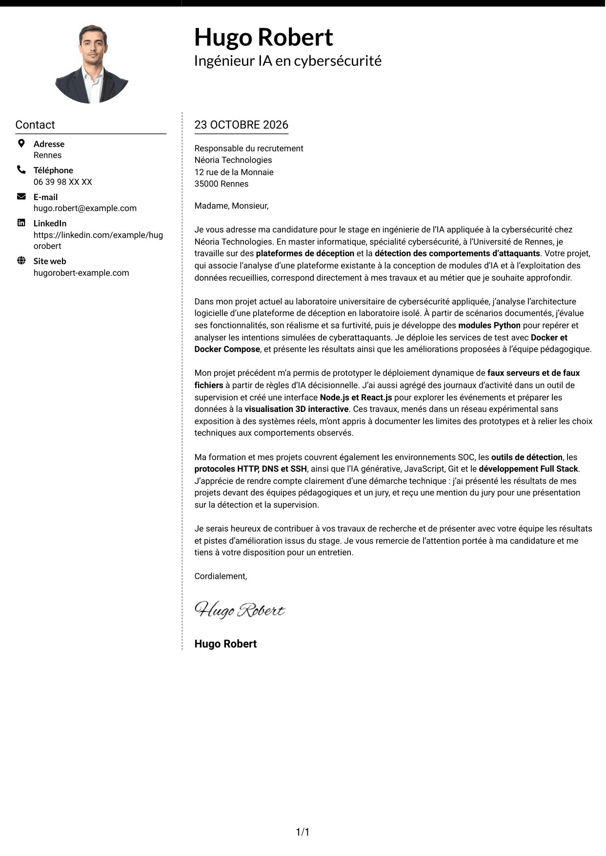 Lettre de motivation Moderne (format à deux colonnes avec photo à gauche et séparateur) : Ingénieur IA en cybersécurité, page 1