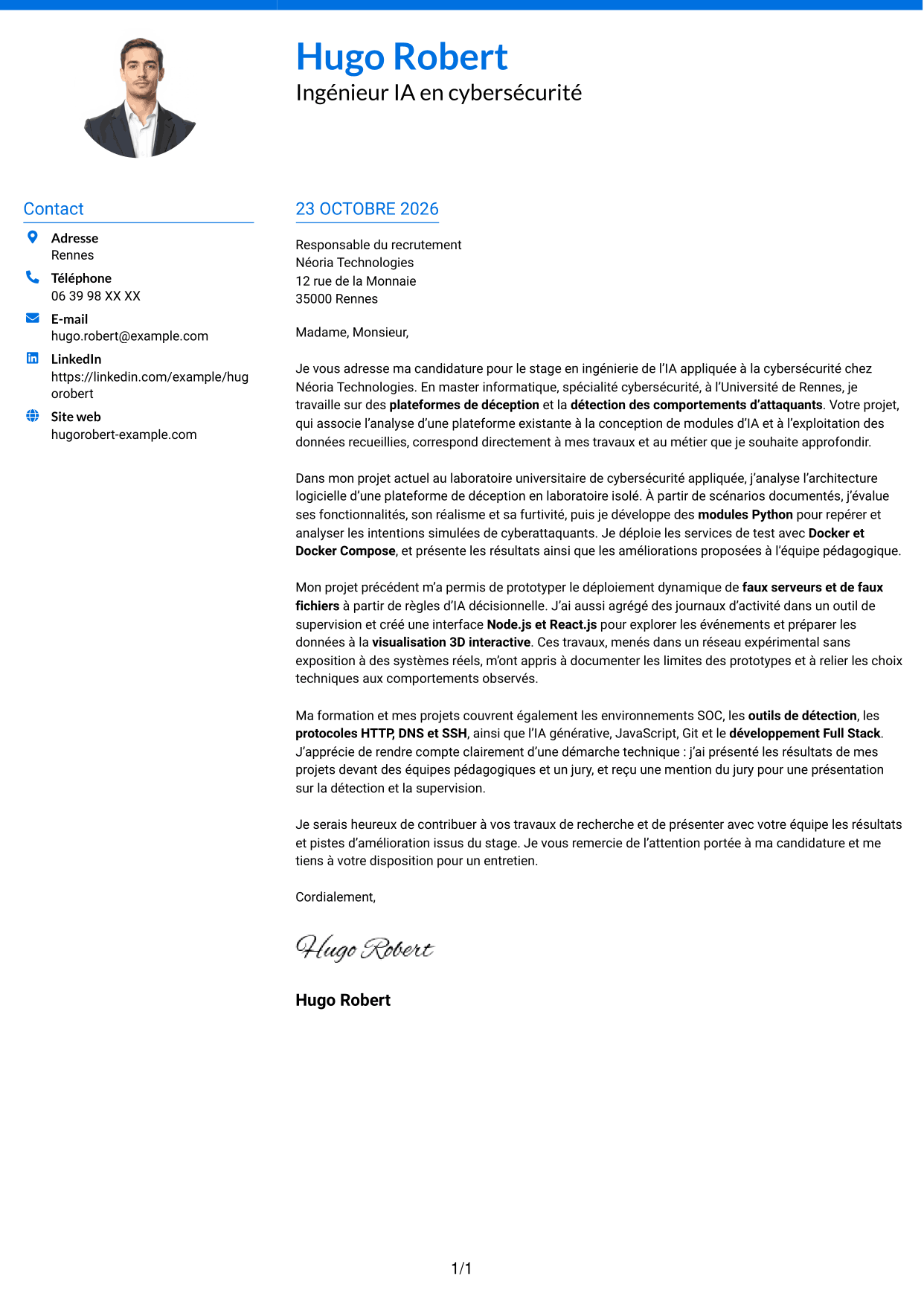 Lettre de motivation Audacieux (format à deux colonnes avec accents colorés et photo) : Ingénieur IA en cybersécurité, page 1