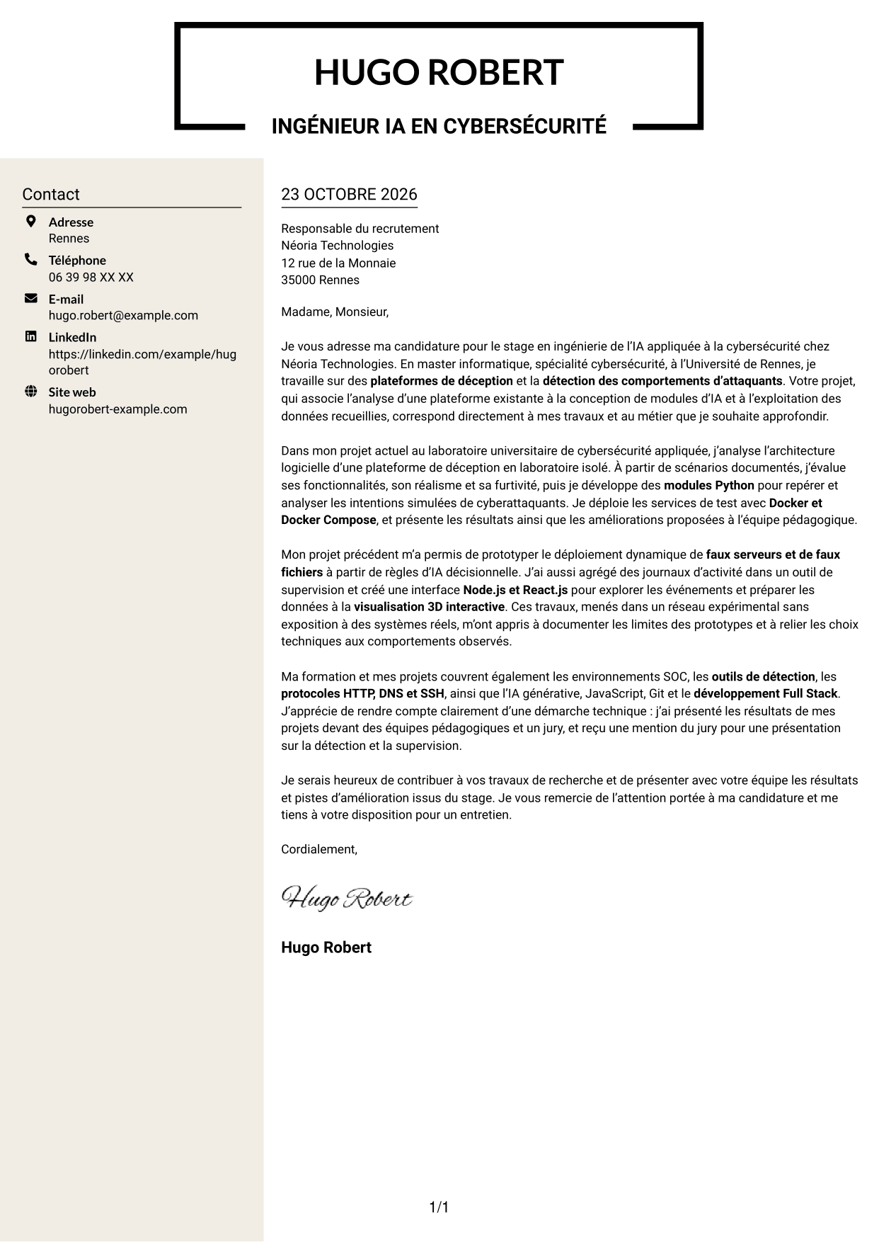 Lettre de motivation Fonceur (format à deux colonnes avec en-tête centré sans photo) : Ingénieur IA en cybersécurité, page 1