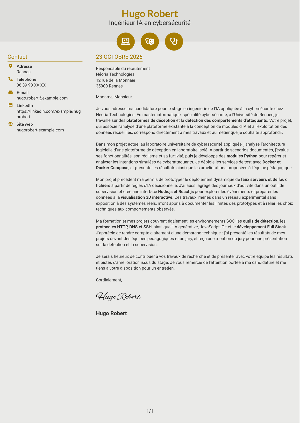 Lettre de motivation Dynamique (format à deux colonnes avec icônes) : Ingénieur IA en cybersécurité, page 1