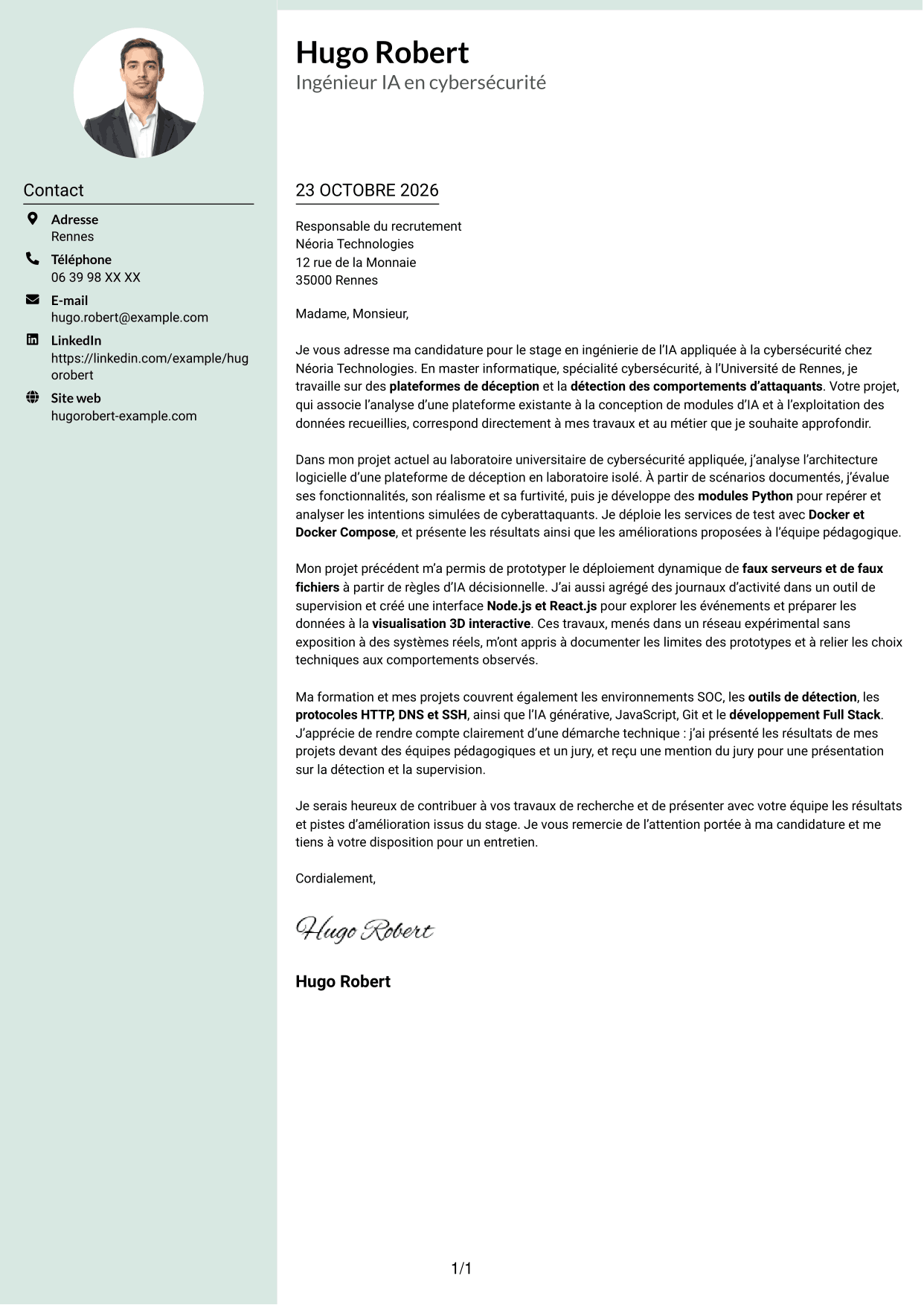 Lettre de motivation Cadre (format à colonne latérale douce avec photo arrondie) : Ingénieur IA en cybersécurité, page 1