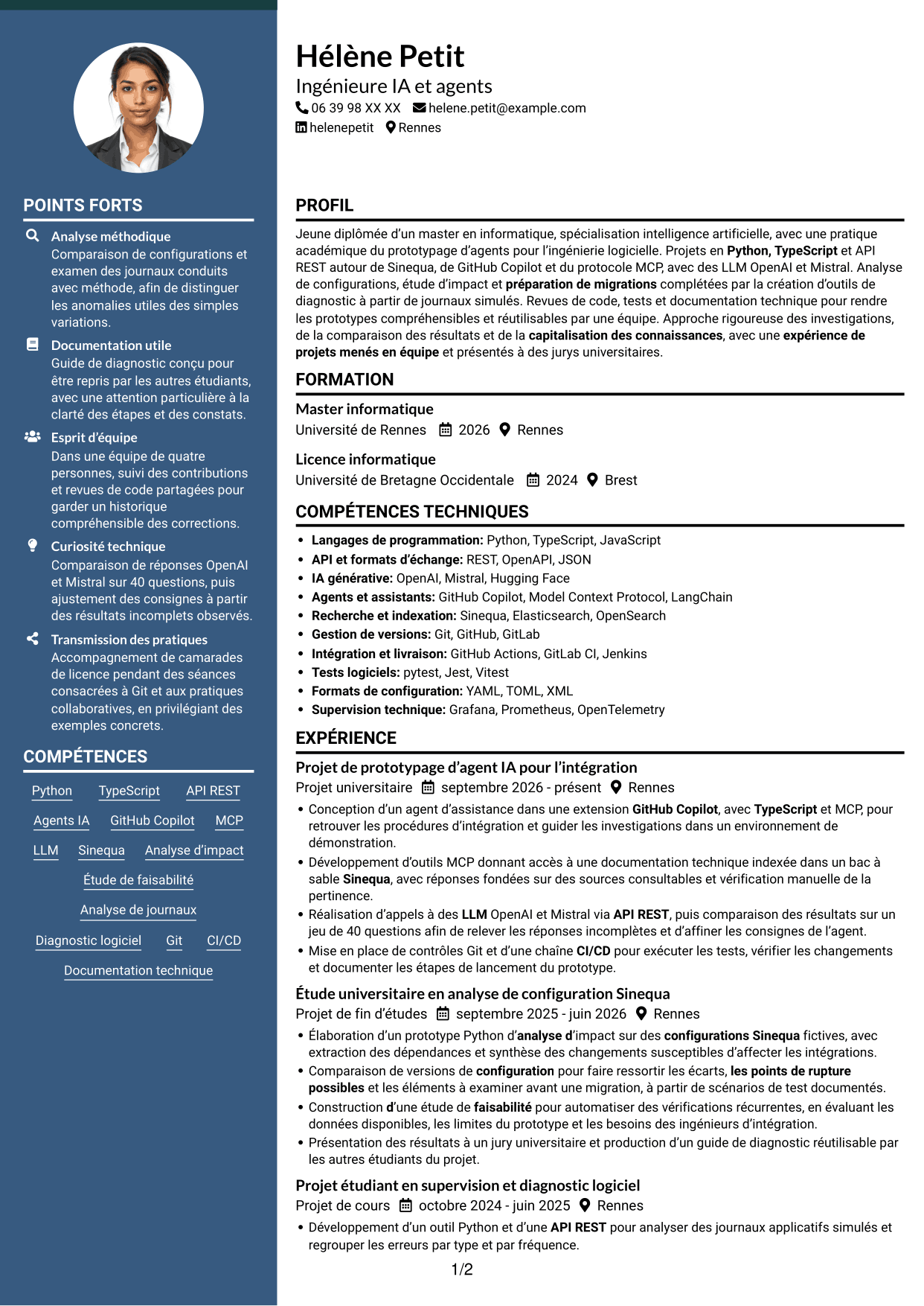 CV Élégant (format à colonne latérale colorée avec photo) : Ingénieur IA et Agents, page 1
