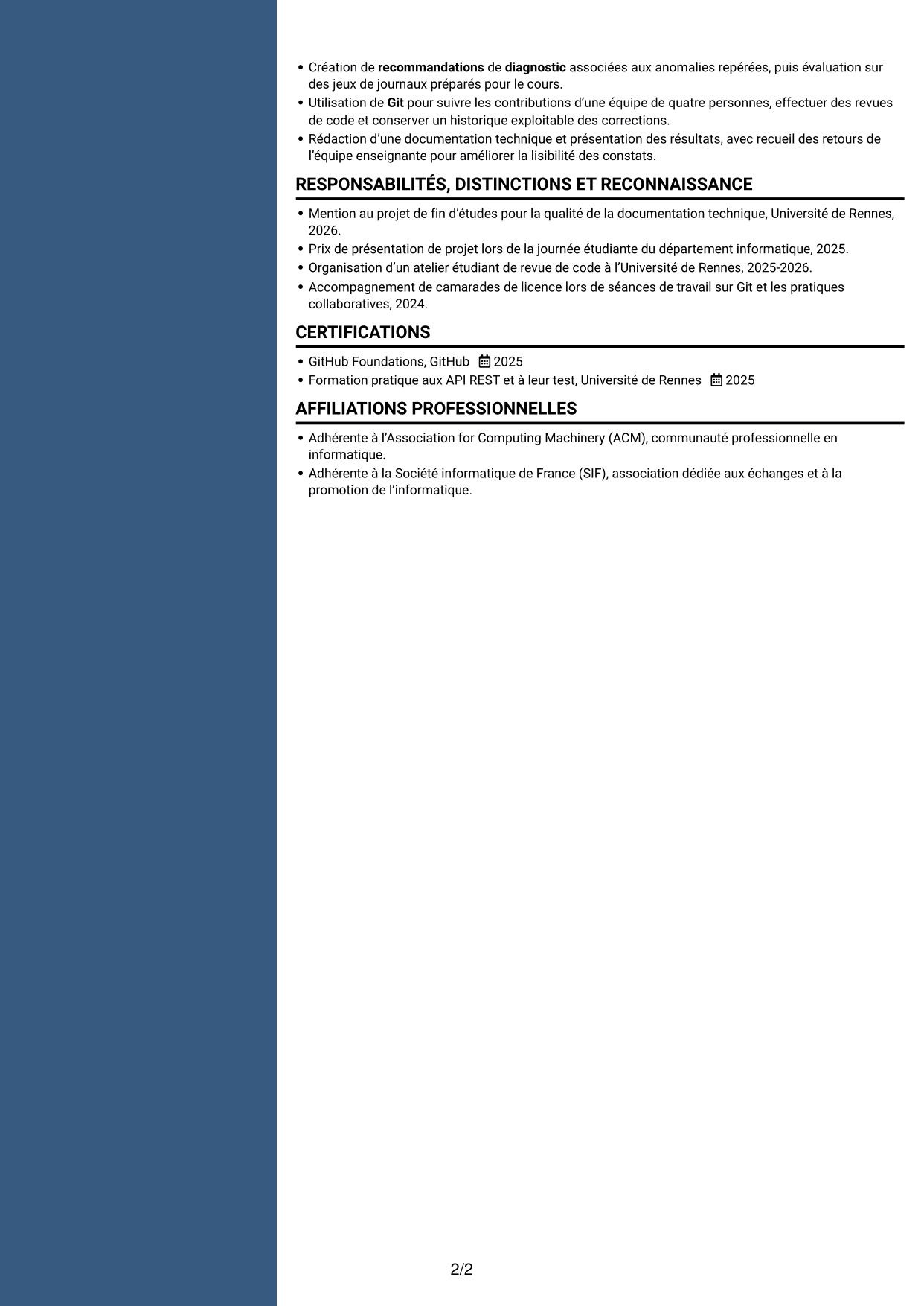 CV Élégant (format à colonne latérale colorée avec photo) : Ingénieur IA et Agents, page 2