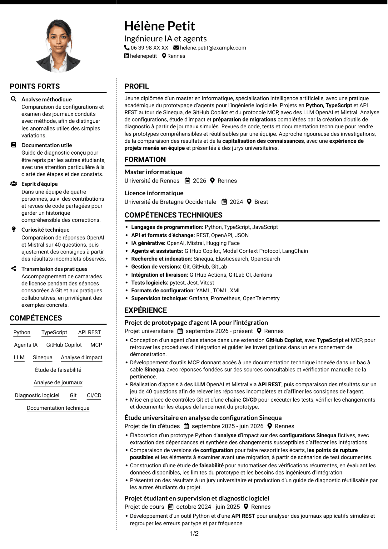 CV Moderne (format à deux colonnes avec photo à gauche et séparateur) : Ingénieur IA et Agents, page 1