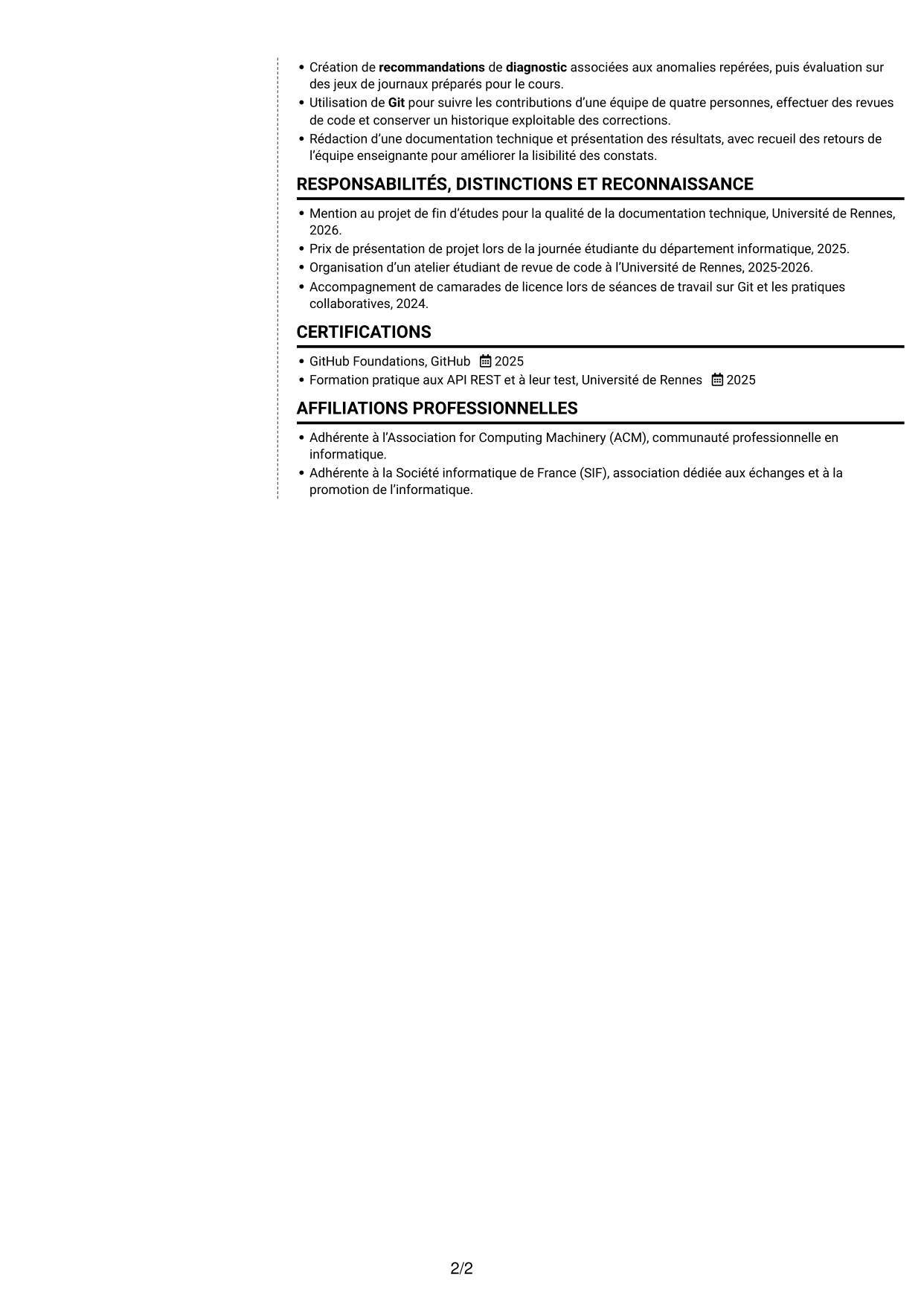 CV Moderne (format à deux colonnes avec photo à gauche et séparateur) : Ingénieur IA et Agents, page 2