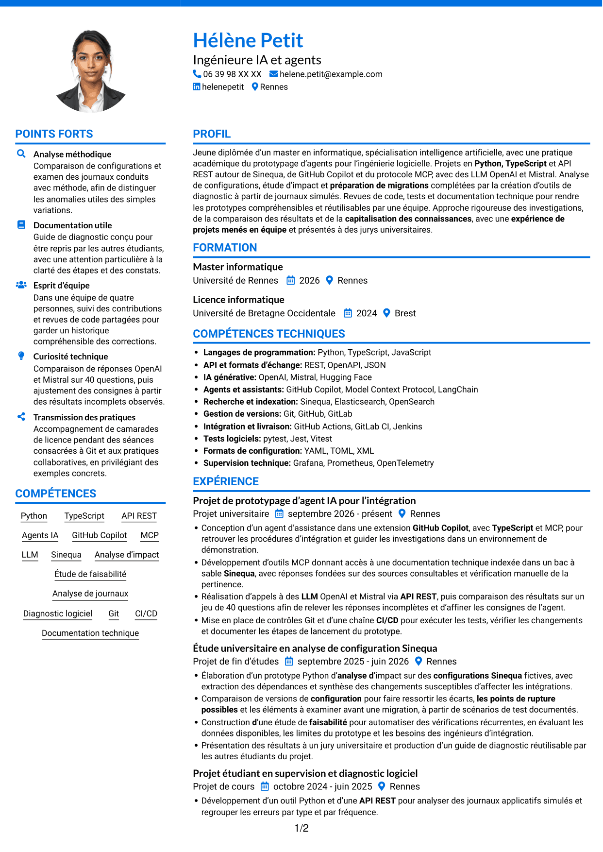 CV Audacieux (format à deux colonnes avec accents colorés et photo) : Ingénieur IA et Agents, page 1