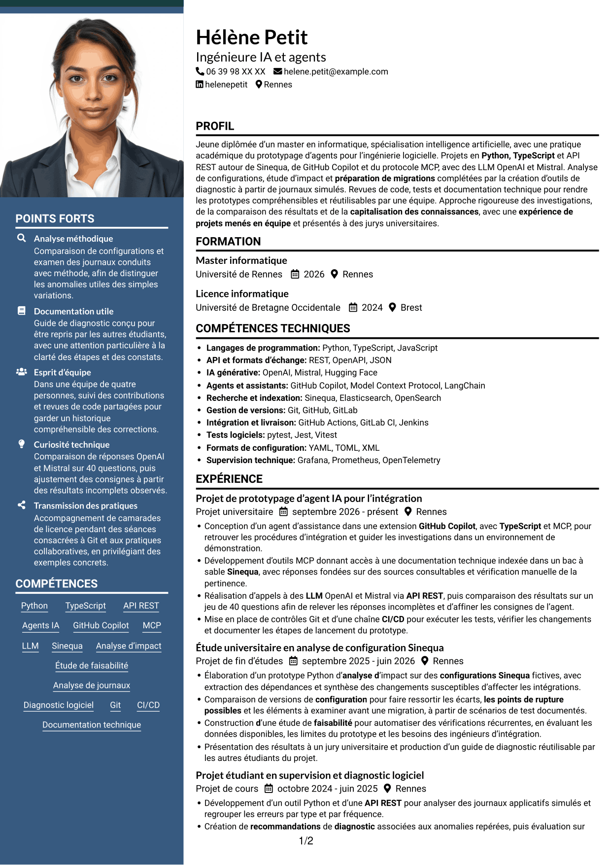 CV Signature (format à colonne latérale colorée avec grande photo) : Ingénieur IA et Agents, page 1