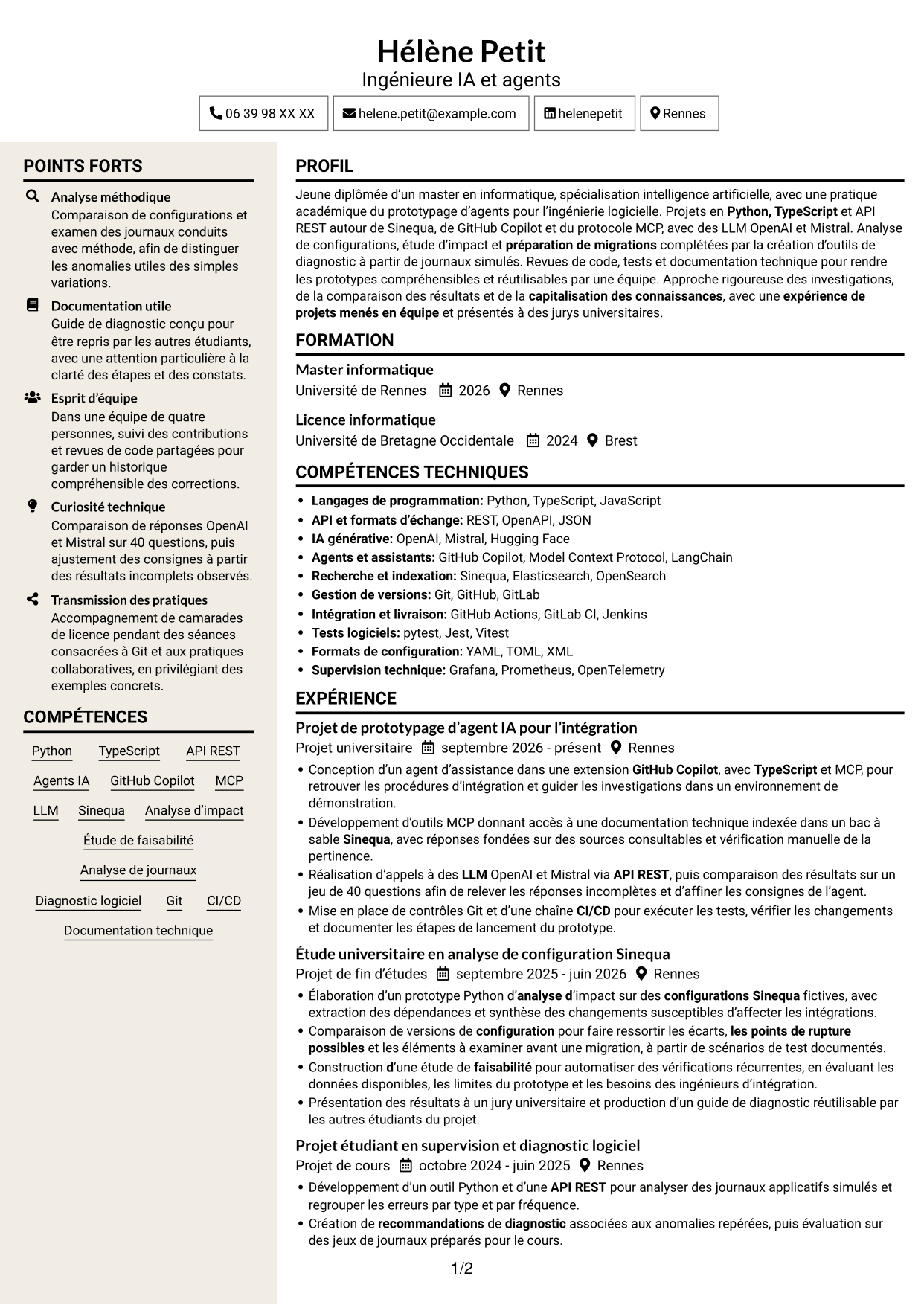 CV Fonceur (format à deux colonnes avec en-tête centré sans photo) : Ingénieur IA et Agents, page 1