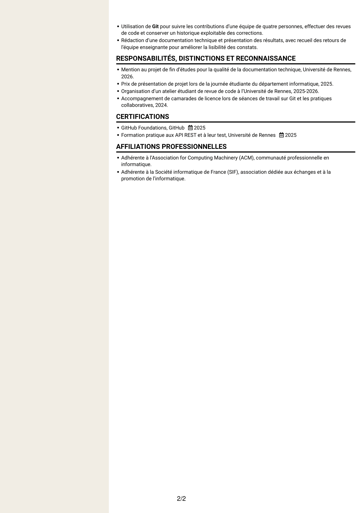 CV Fonceur (format à deux colonnes avec en-tête centré sans photo) : Ingénieur IA et Agents, page 2