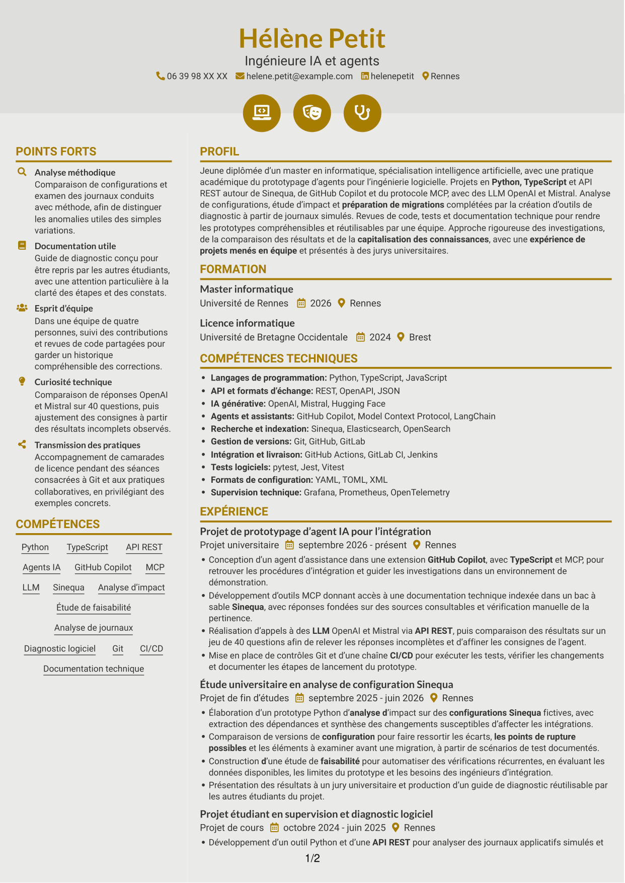 CV Dynamique (format à deux colonnes avec icônes) : Ingénieur IA et Agents, page 1