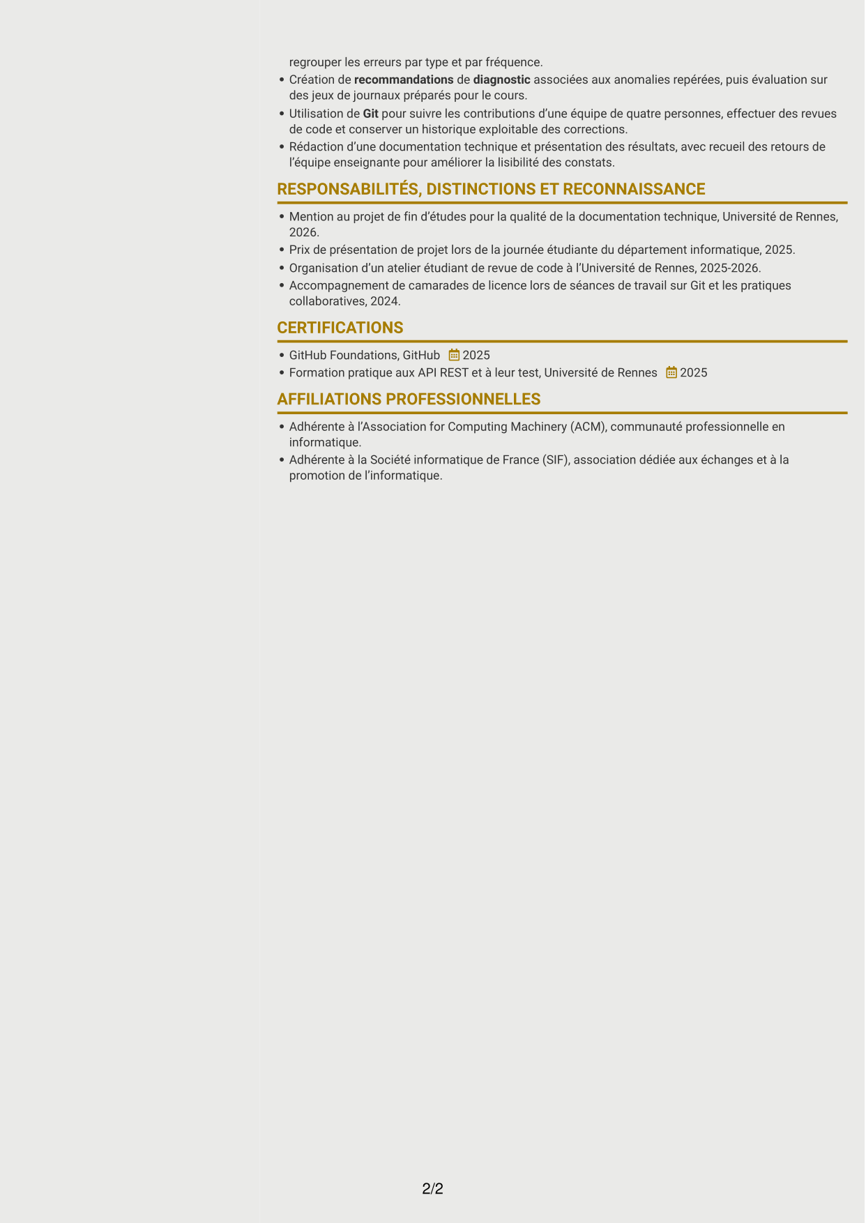 CV Dynamique (format à deux colonnes avec icônes) : Ingénieur IA et Agents, page 2