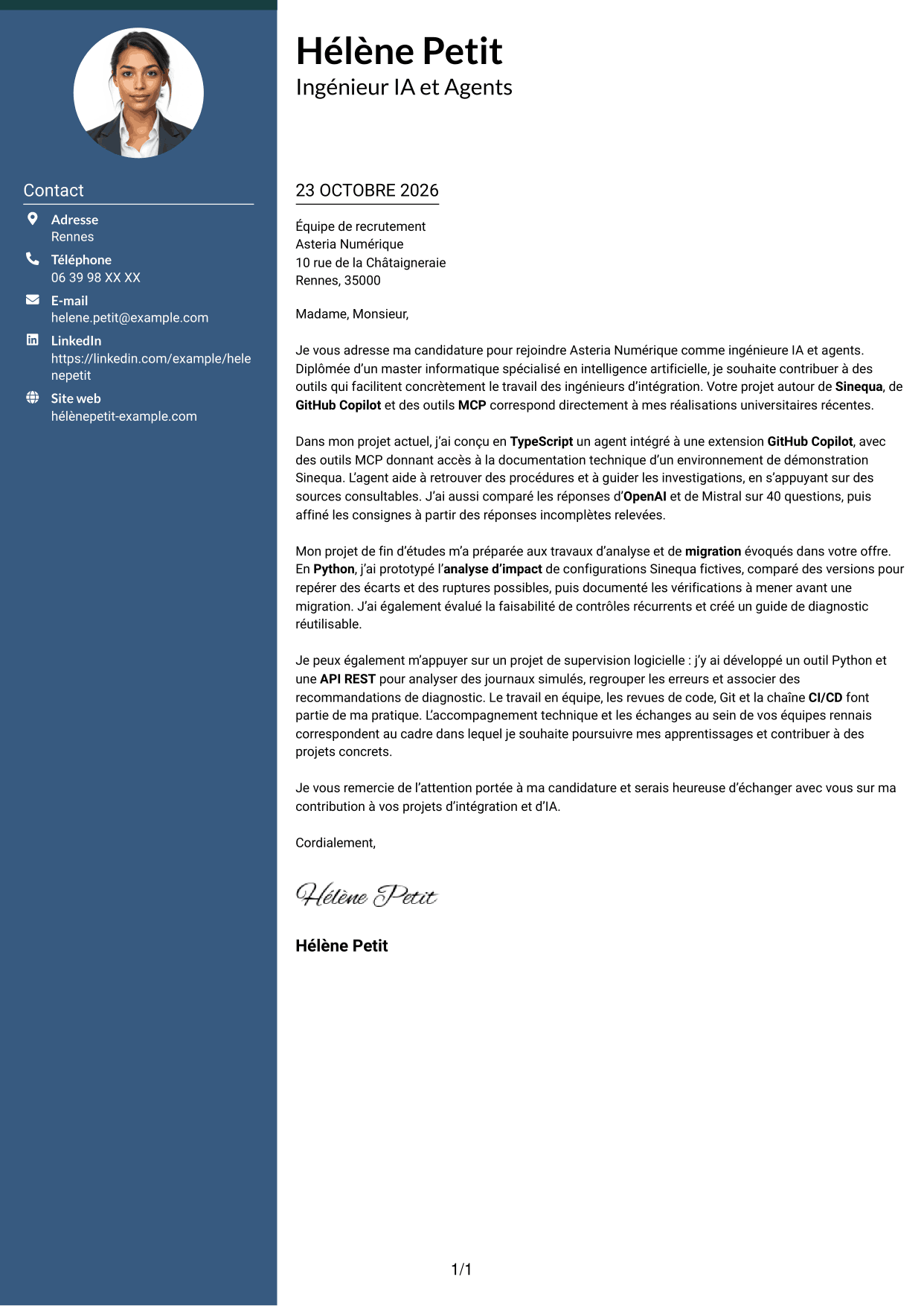 Lettre de motivation Élégant (format à colonne latérale colorée avec photo) : Ingénieur IA et Agents, page 1