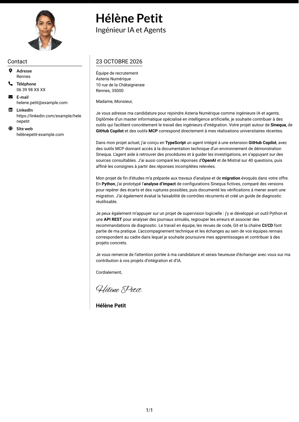 Lettre de motivation Moderne (format à deux colonnes avec photo à gauche et séparateur) : Ingénieur IA et Agents, page 1