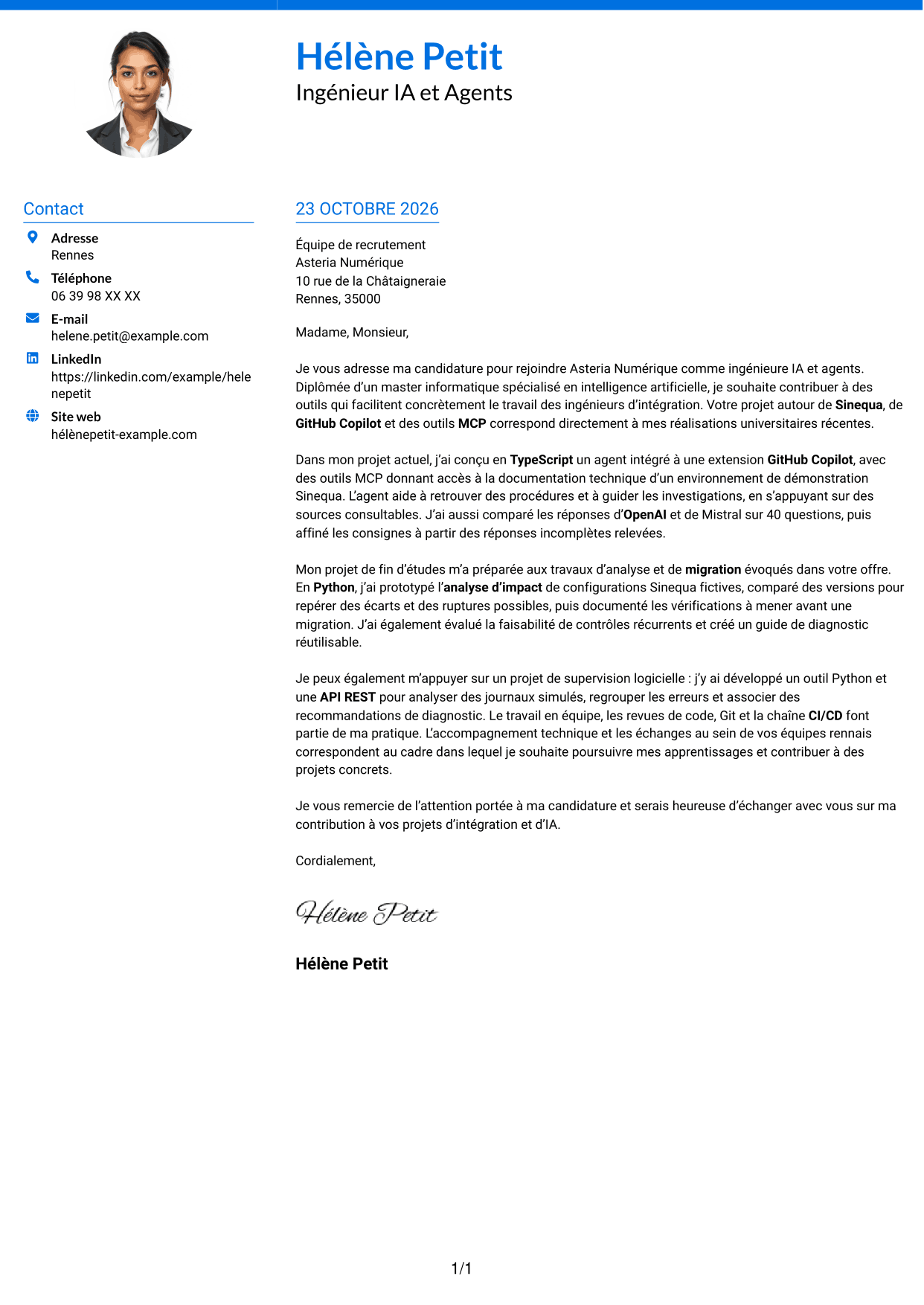 Lettre de motivation Audacieux (format à deux colonnes avec accents colorés et photo) : Ingénieur IA et Agents, page 1