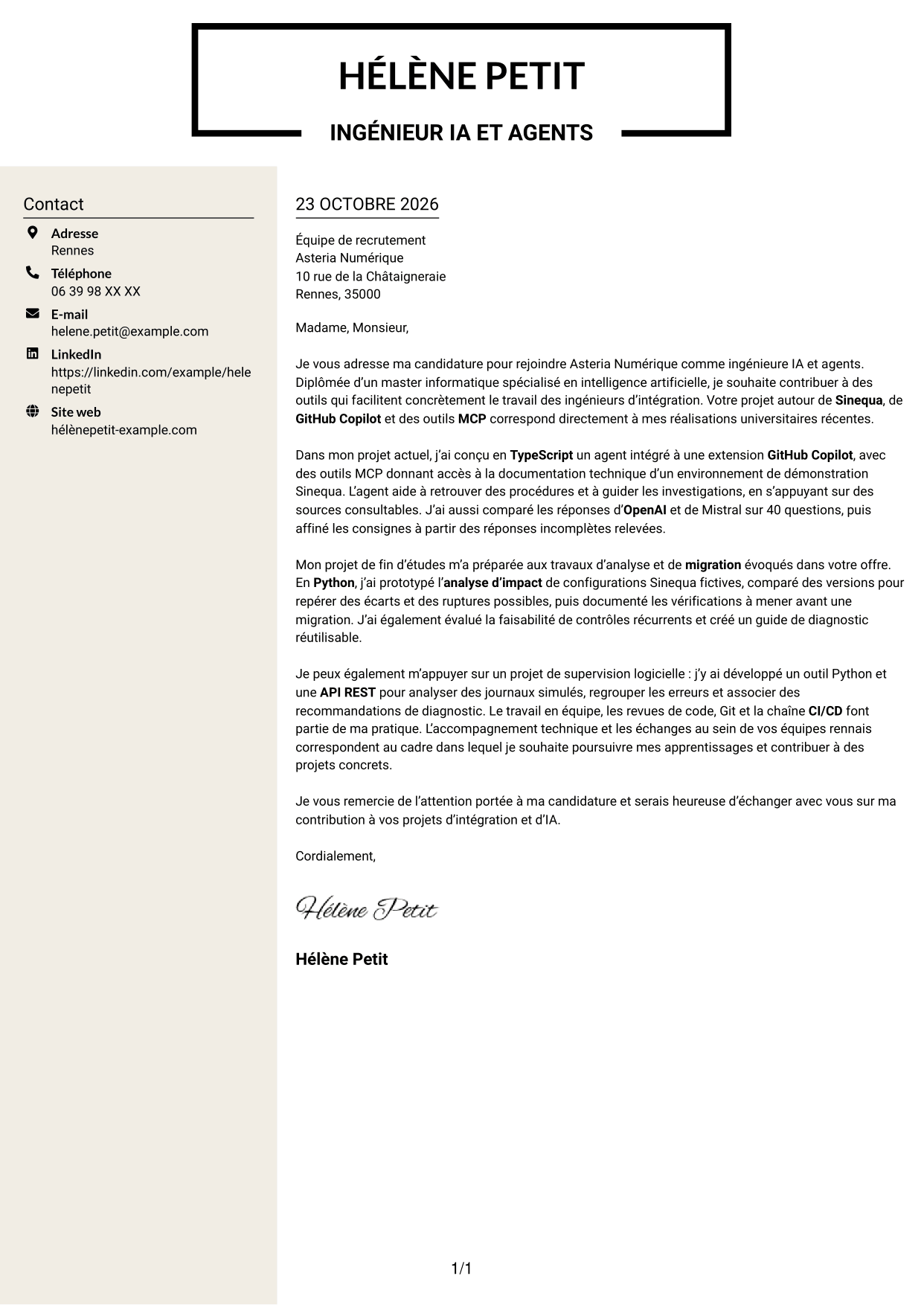 Lettre de motivation Fonceur (format à deux colonnes avec en-tête centré sans photo) : Ingénieur IA et Agents, page 1