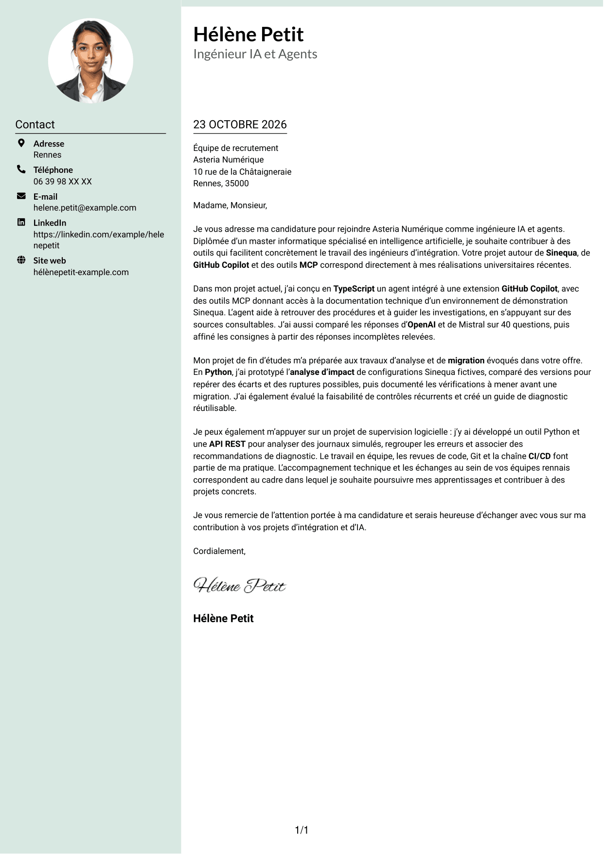 Lettre de motivation Cadre (format à colonne latérale douce avec photo arrondie) : Ingénieur IA et Agents, page 1