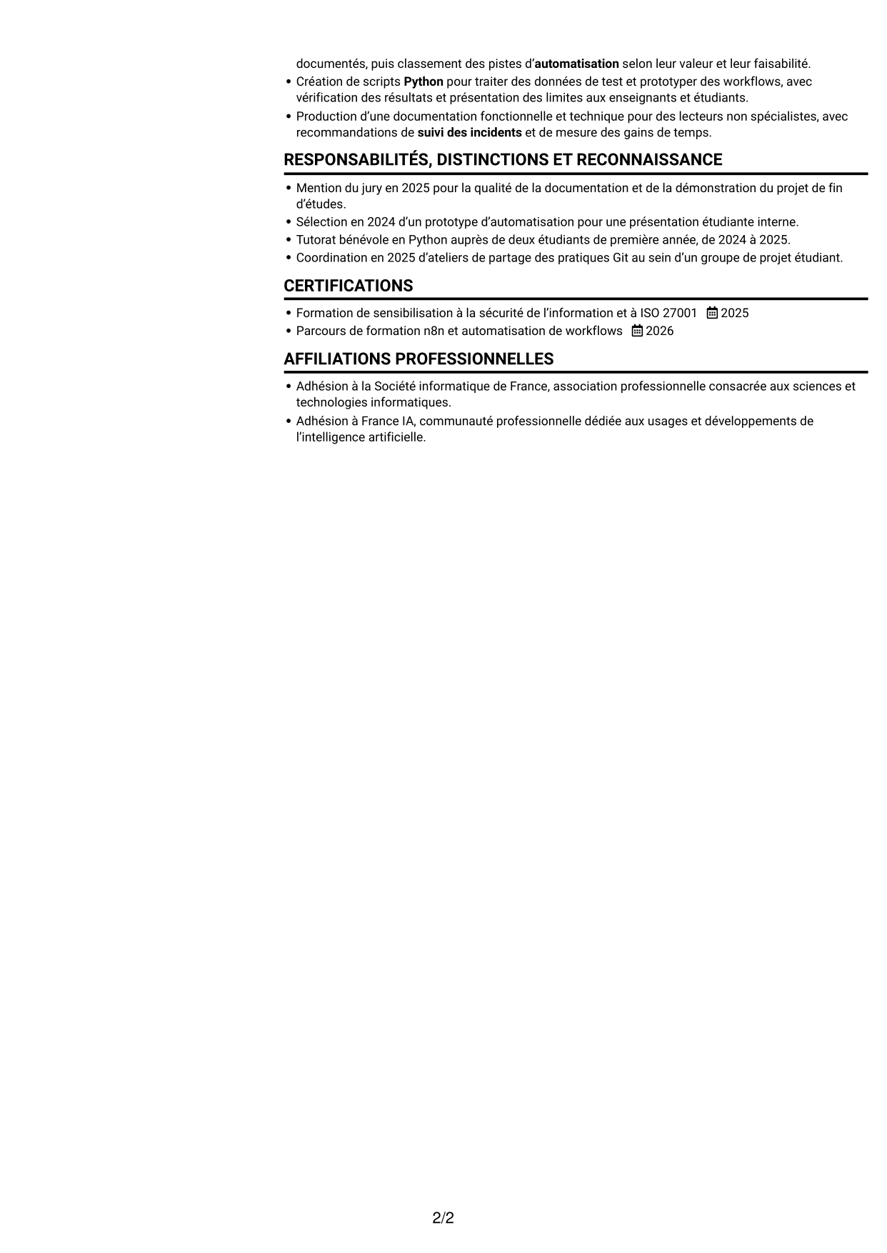 CV Compact (format sobre à deux colonnes avec photo) : Ingénieur IA et automatisation, page 2