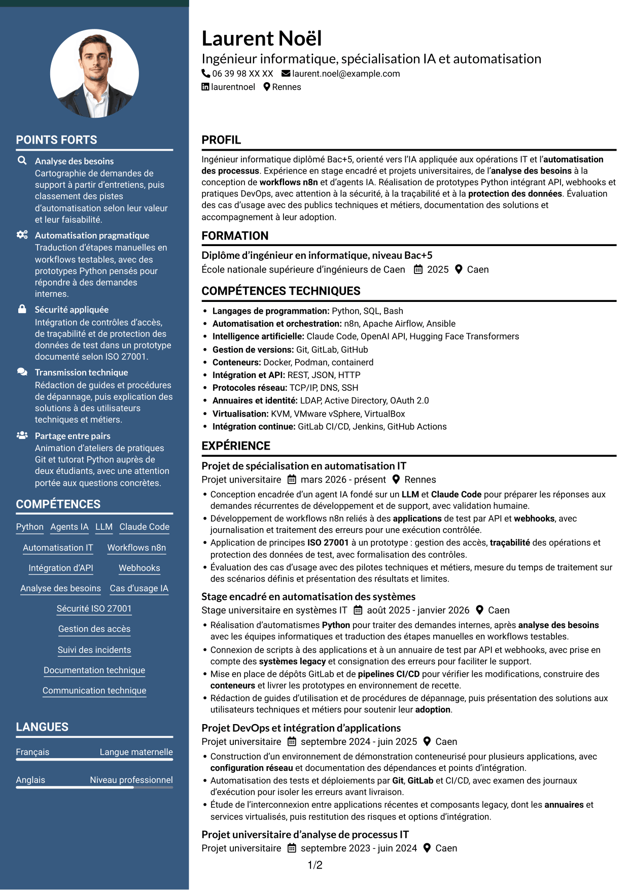 CV Élégant (format à colonne latérale colorée avec photo) : Ingénieur IA et automatisation, page 1