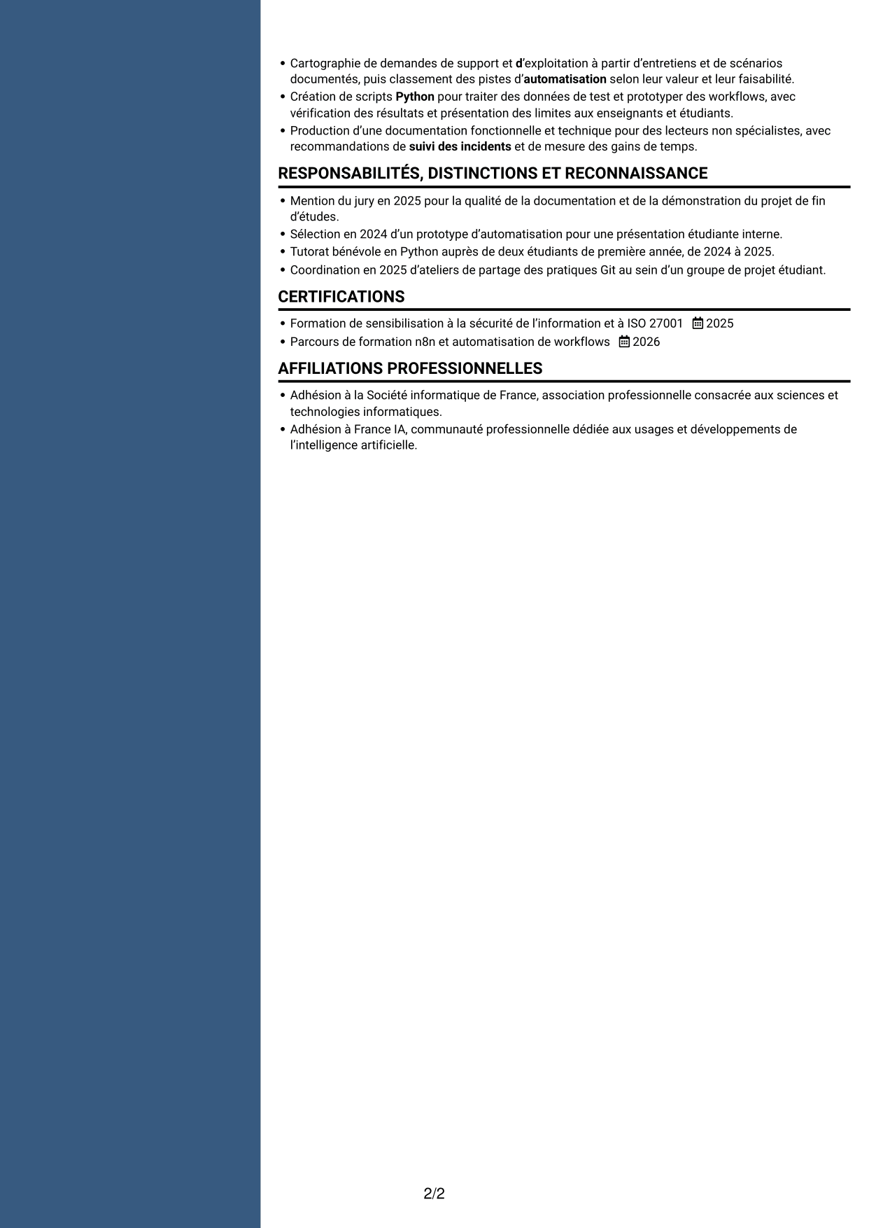 CV Élégant (format à colonne latérale colorée avec photo) : Ingénieur IA et automatisation, page 2