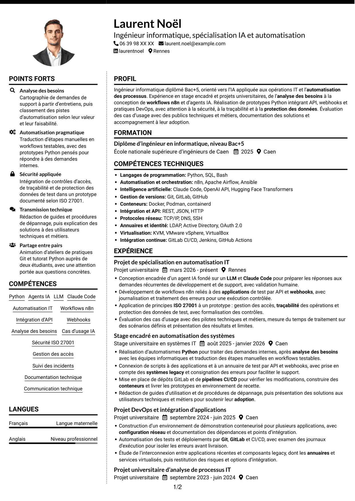CV Moderne (format à deux colonnes avec photo à gauche et séparateur) : Ingénieur IA et automatisation, page 1
