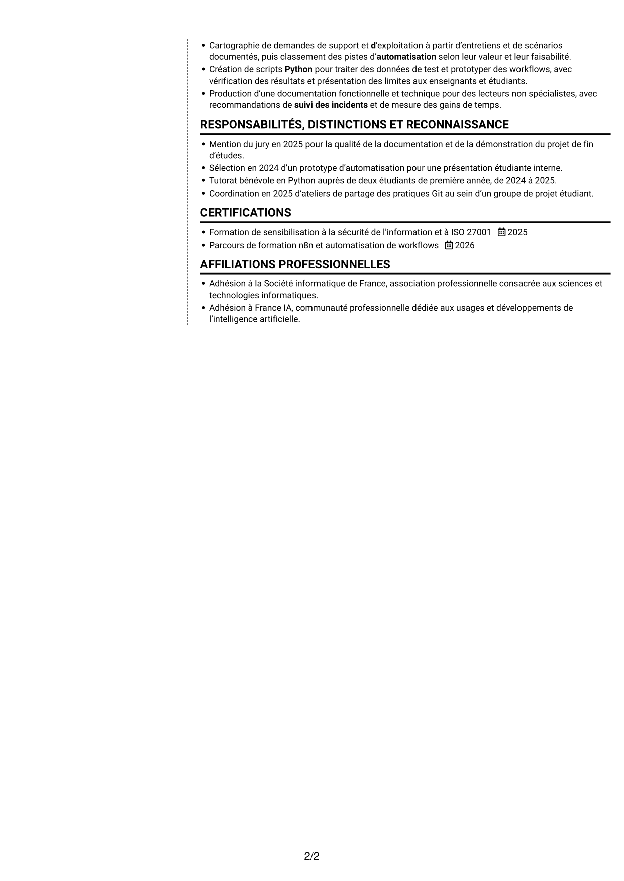 CV Moderne (format à deux colonnes avec photo à gauche et séparateur) : Ingénieur IA et automatisation, page 2