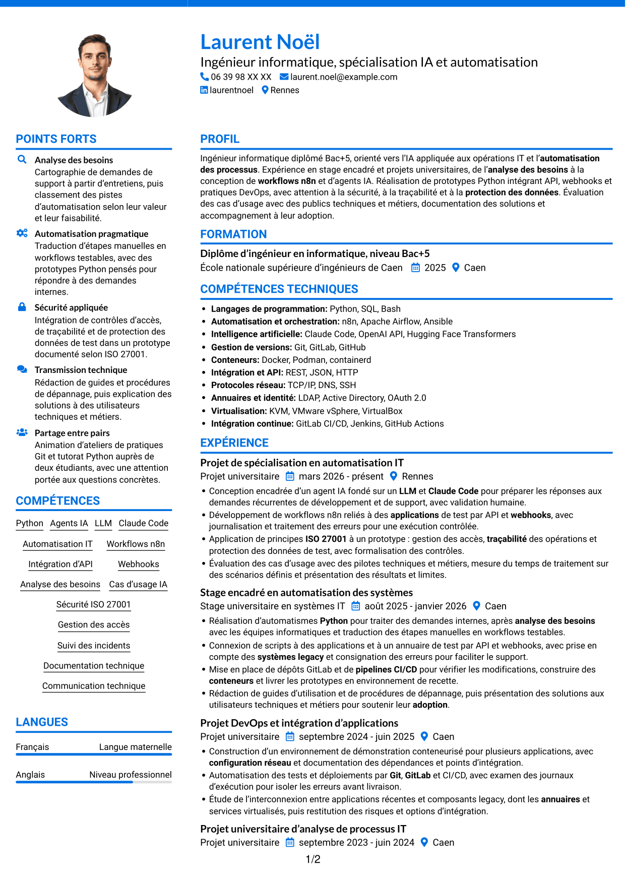 CV Audacieux (format à deux colonnes avec accents colorés et photo) : Ingénieur IA et automatisation, page 1