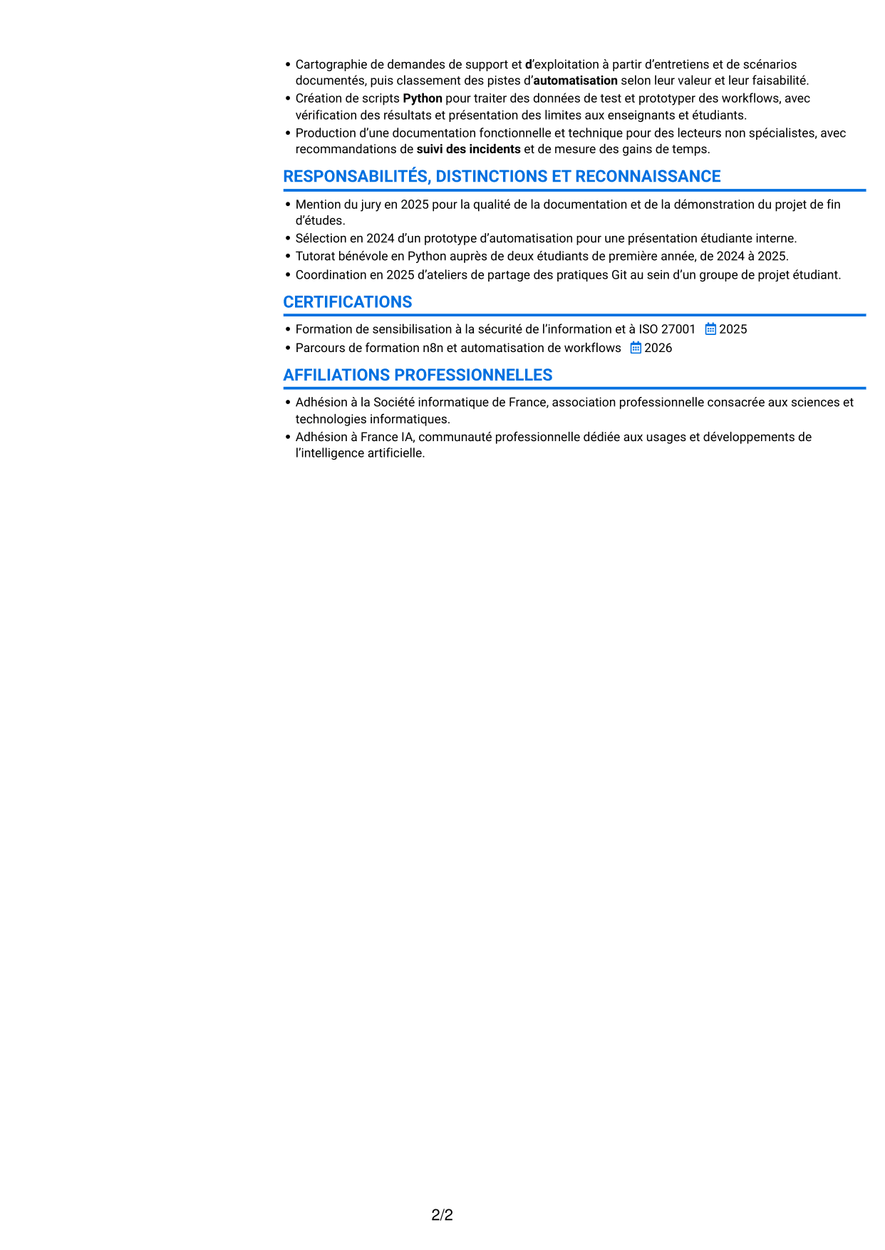 CV Audacieux (format à deux colonnes avec accents colorés et photo) : Ingénieur IA et automatisation, page 2