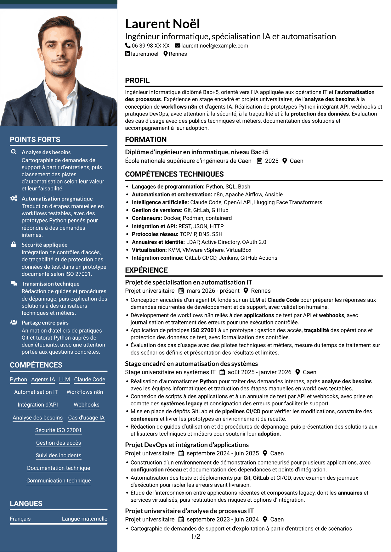 CV Signature (format à colonne latérale colorée avec grande photo) : Ingénieur IA et automatisation, page 1