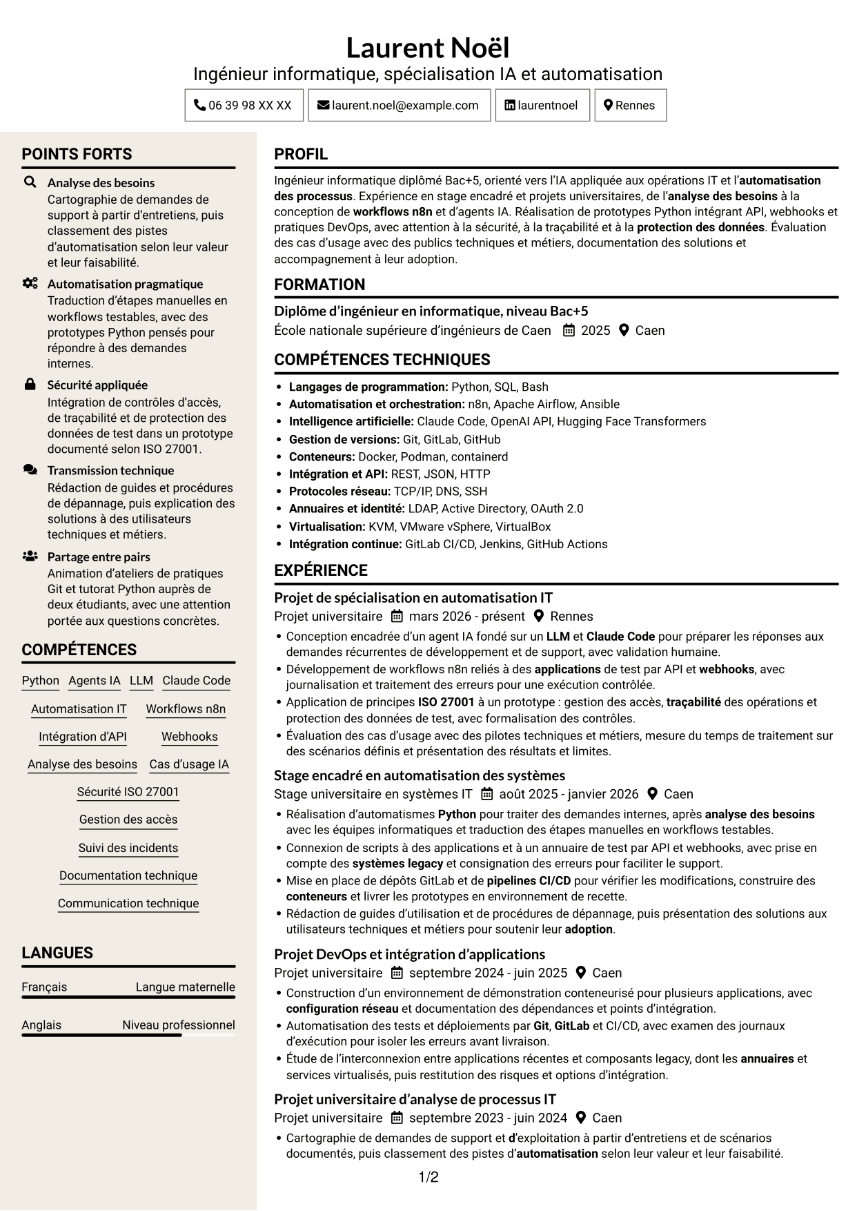 CV Fonceur (format à deux colonnes avec en-tête centré sans photo) : Ingénieur IA et automatisation, page 1