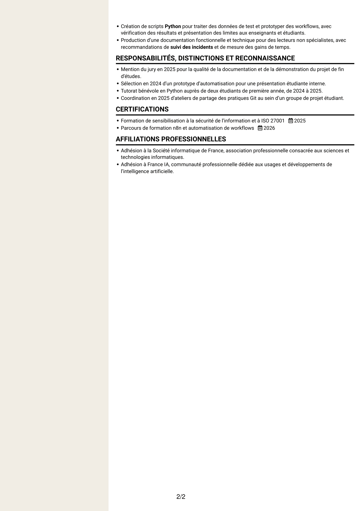 CV Fonceur (format à deux colonnes avec en-tête centré sans photo) : Ingénieur IA et automatisation, page 2
