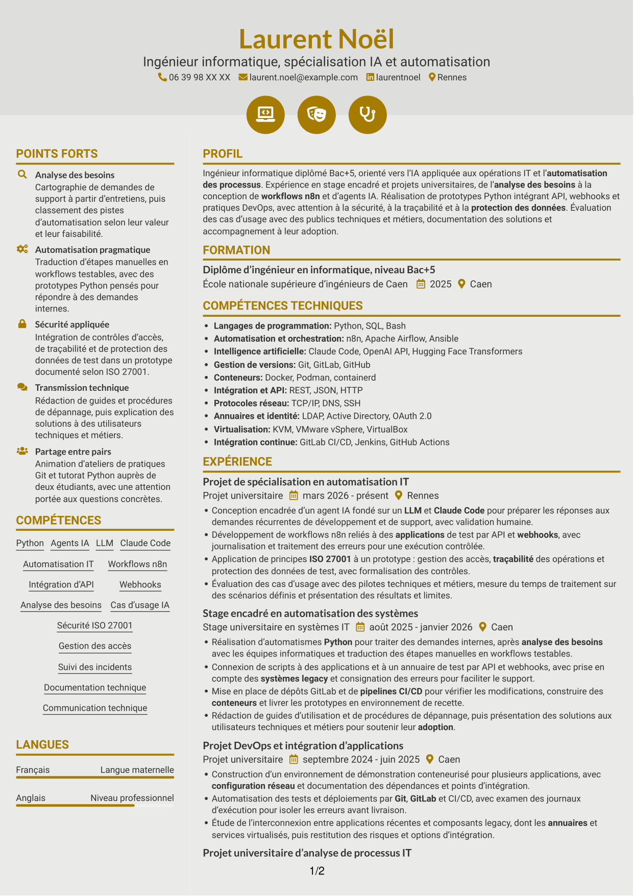 CV Dynamique (format à deux colonnes avec icônes) : Ingénieur IA et automatisation, page 1
