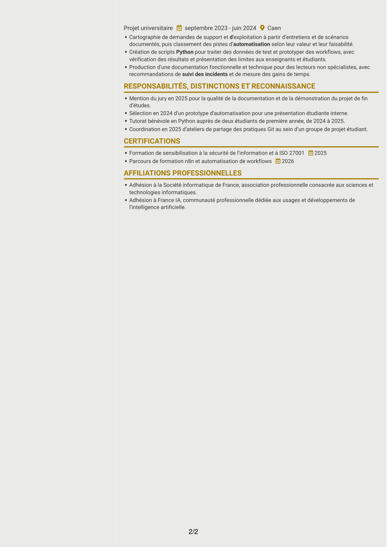 CV Dynamique (format à deux colonnes avec icônes) : Ingénieur IA et automatisation, page 2