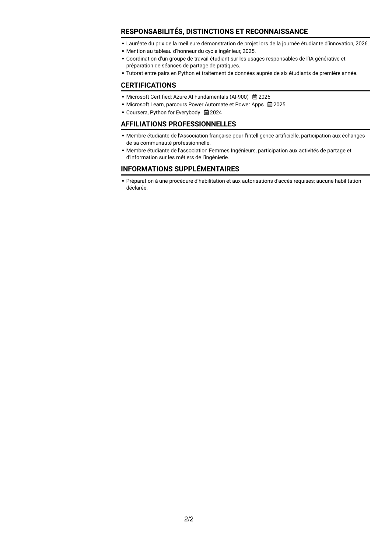 CV Compact (format sobre à deux colonnes avec photo) : Ingénieur IA et automatisation des processus, page 2