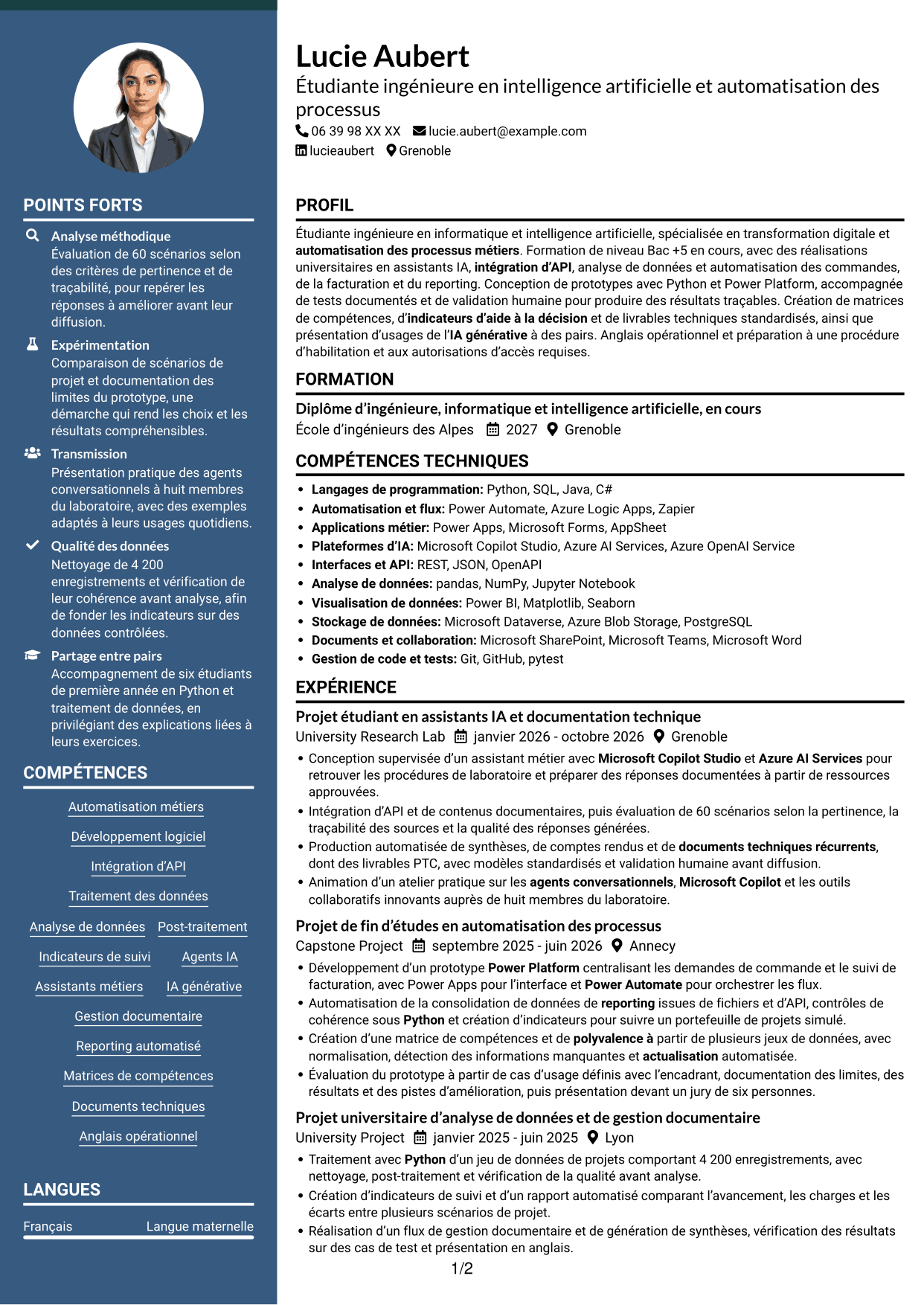 CV Élégant (format à colonne latérale colorée avec photo) : Ingénieur IA et automatisation des processus, page 1