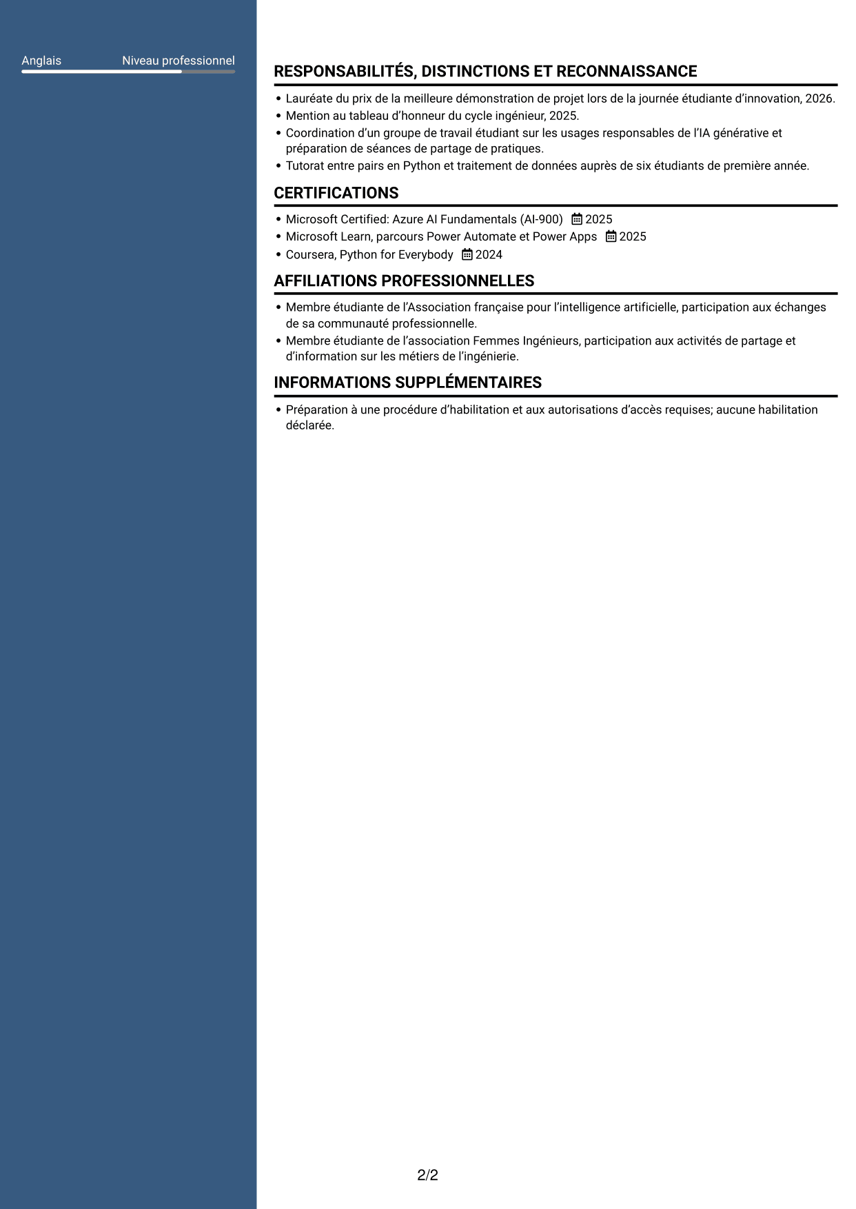 CV Élégant (format à colonne latérale colorée avec photo) : Ingénieur IA et automatisation des processus, page 2