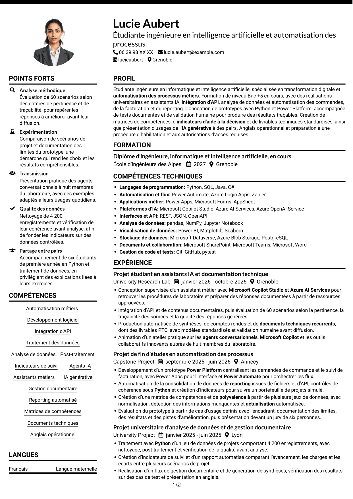 CV Moderne (format à deux colonnes avec photo à gauche et séparateur) : Ingénieur IA et automatisation des processus, page 1