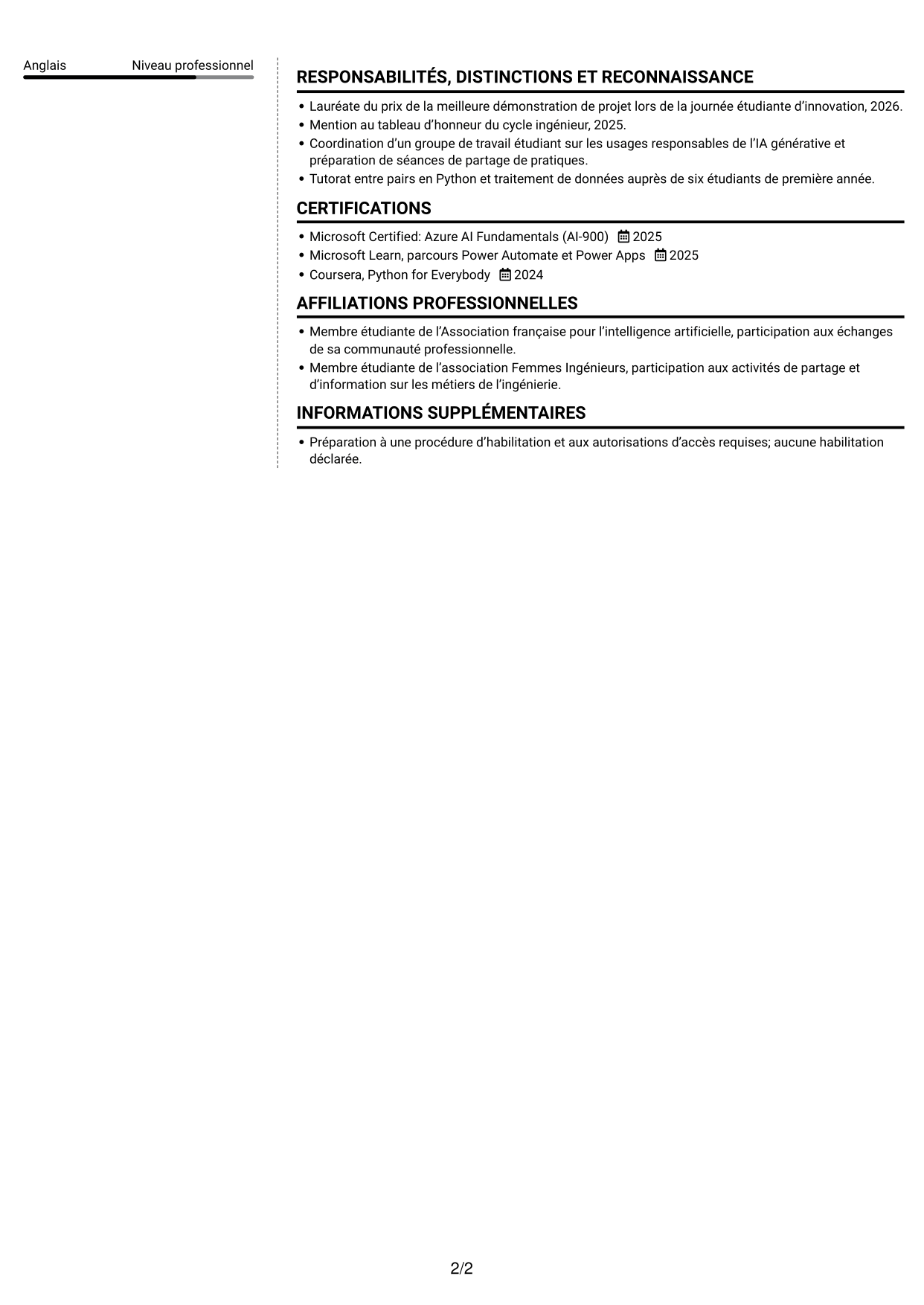 CV Moderne (format à deux colonnes avec photo à gauche et séparateur) : Ingénieur IA et automatisation des processus, page 2