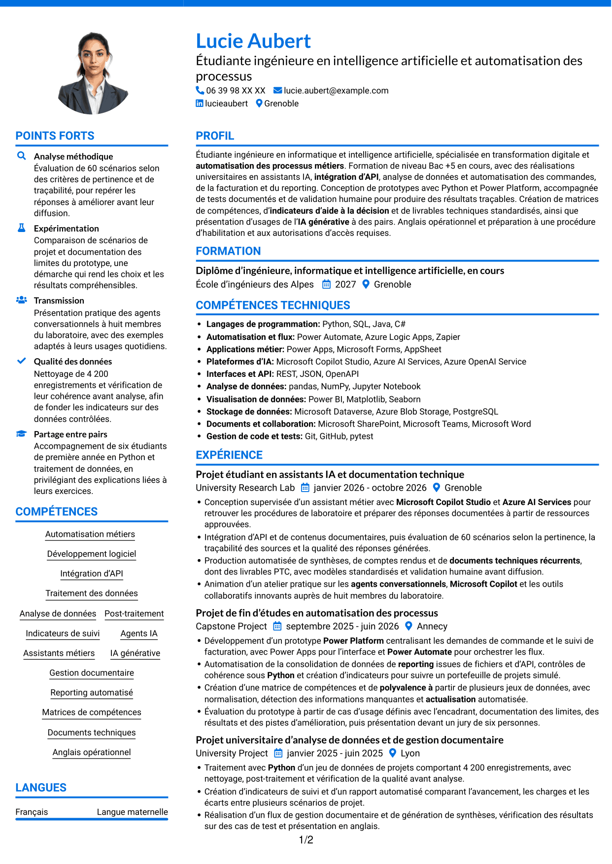 CV Audacieux (format à deux colonnes avec accents colorés et photo) : Ingénieur IA et automatisation des processus, page 1