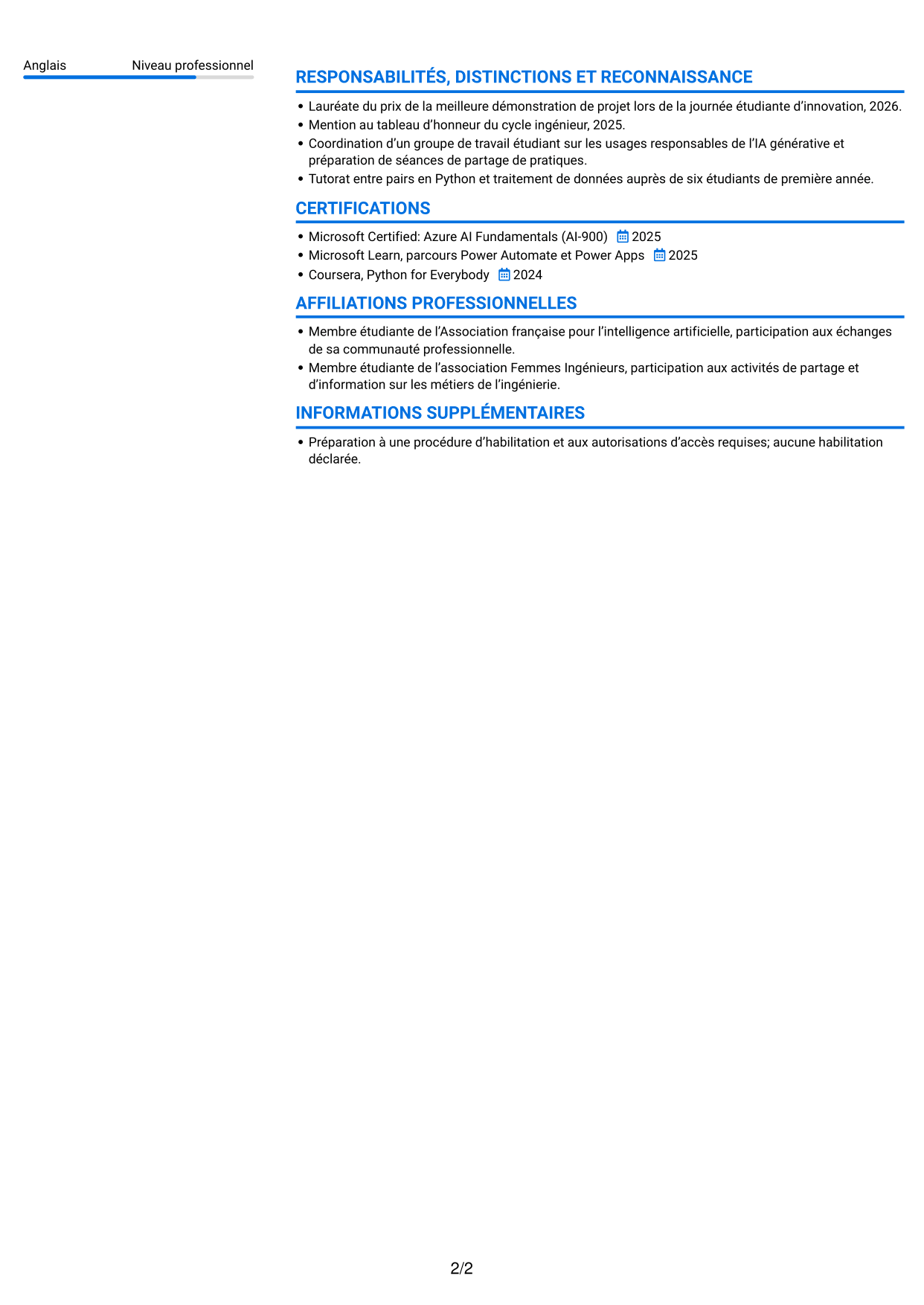 CV Audacieux (format à deux colonnes avec accents colorés et photo) : Ingénieur IA et automatisation des processus, page 2