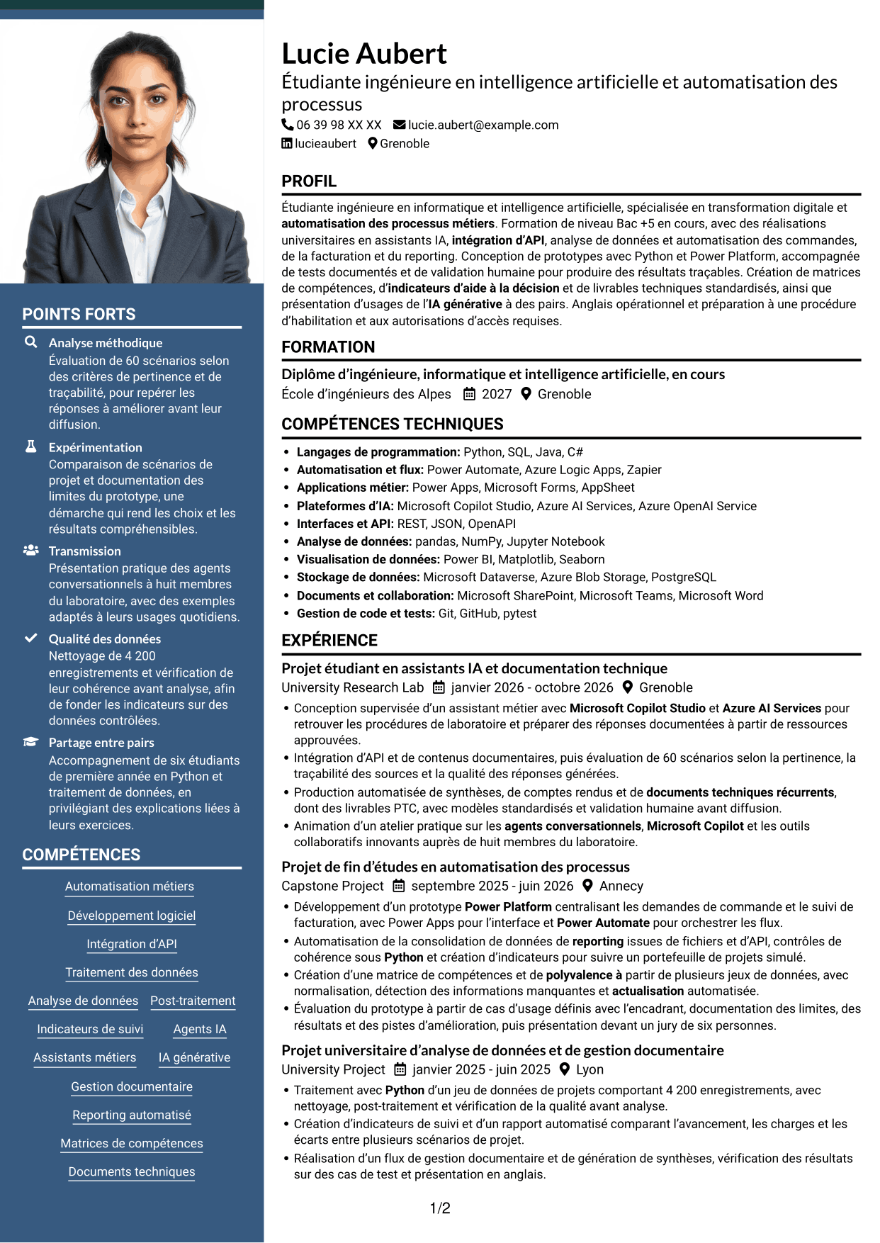 CV Signature (format à colonne latérale colorée avec grande photo) : Ingénieur IA et automatisation des processus, page 1