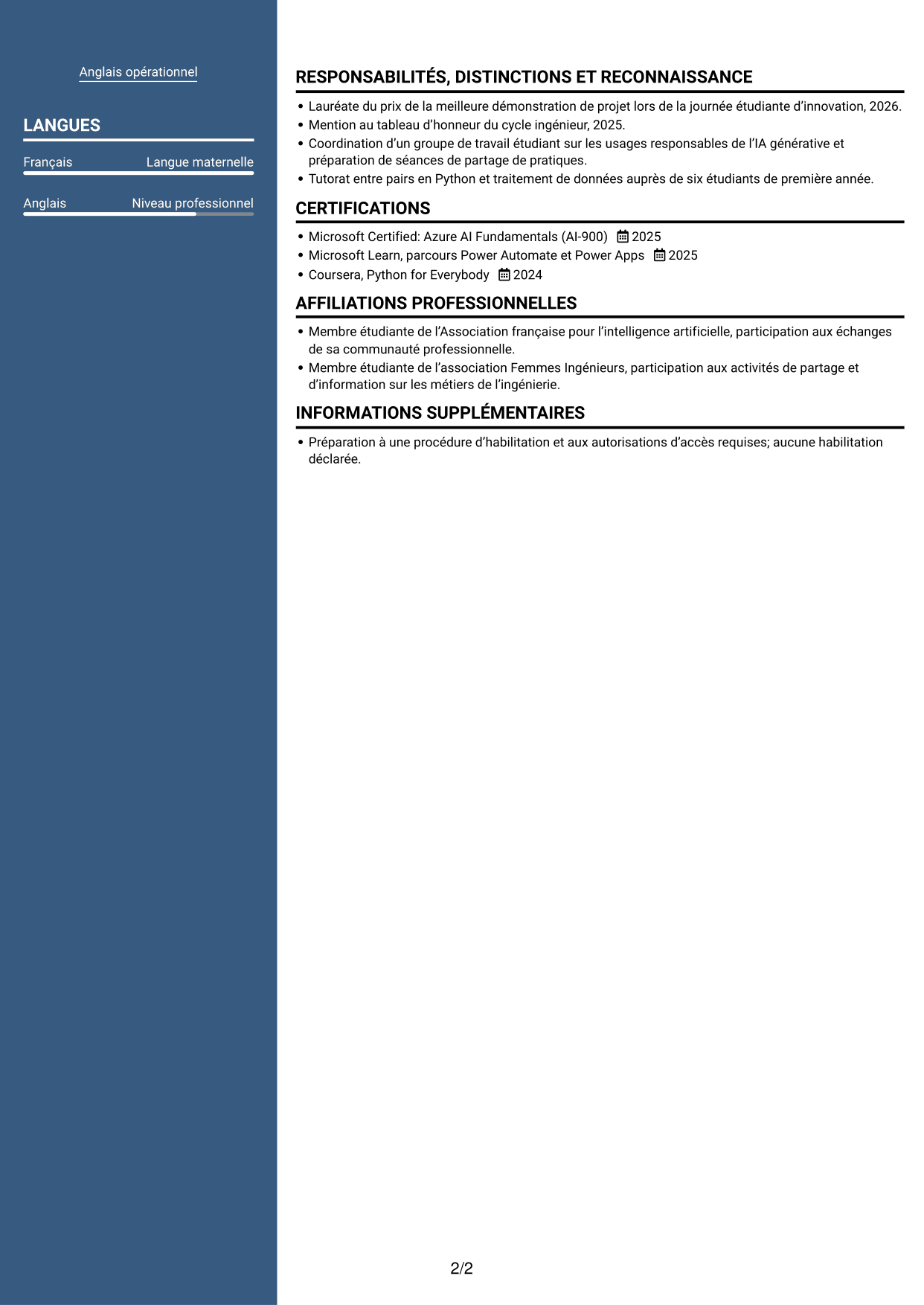 CV Signature (format à colonne latérale colorée avec grande photo) : Ingénieur IA et automatisation des processus, page 2