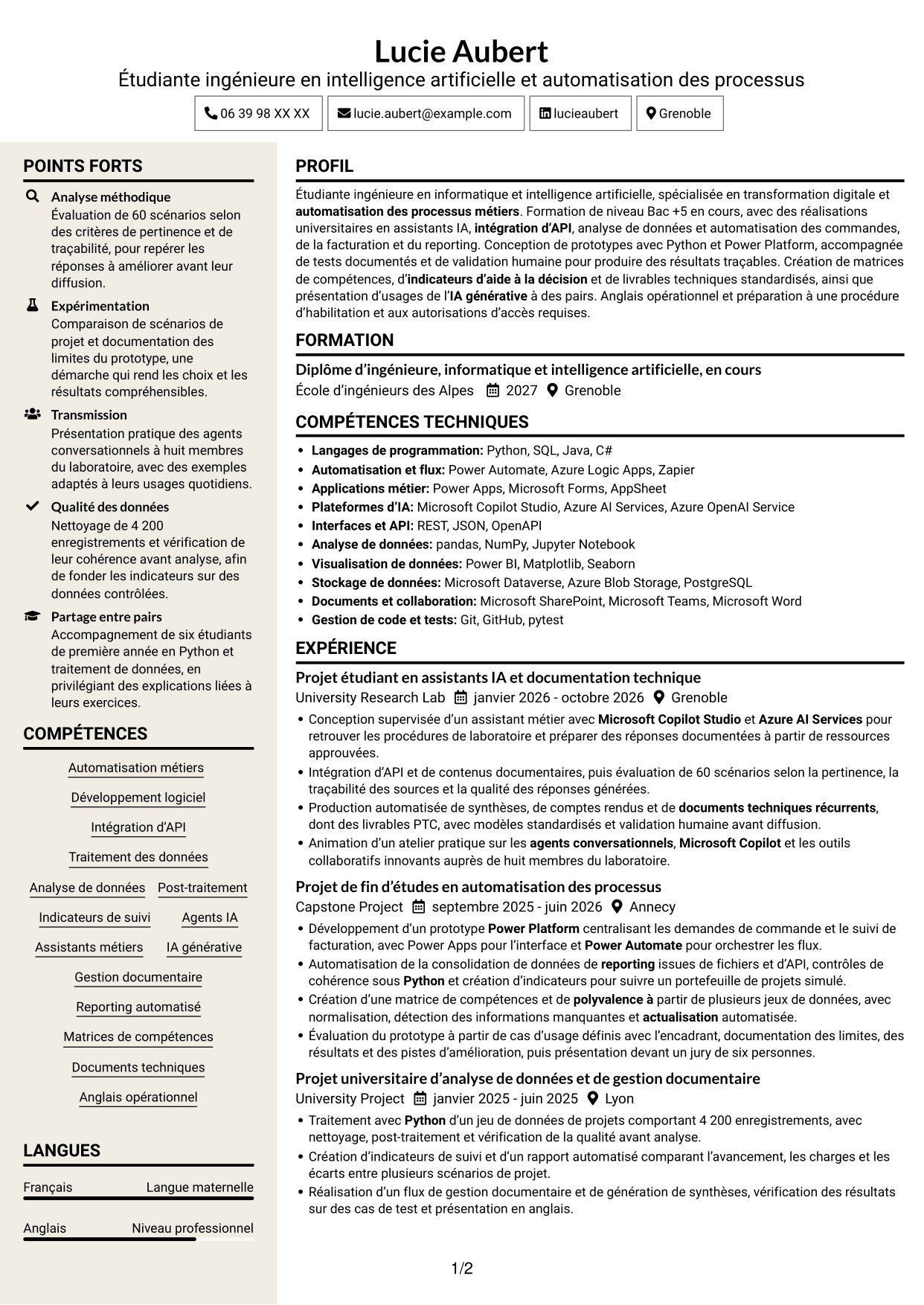 CV Fonceur (format à deux colonnes avec en-tête centré sans photo) : Ingénieur IA et automatisation des processus, page 1